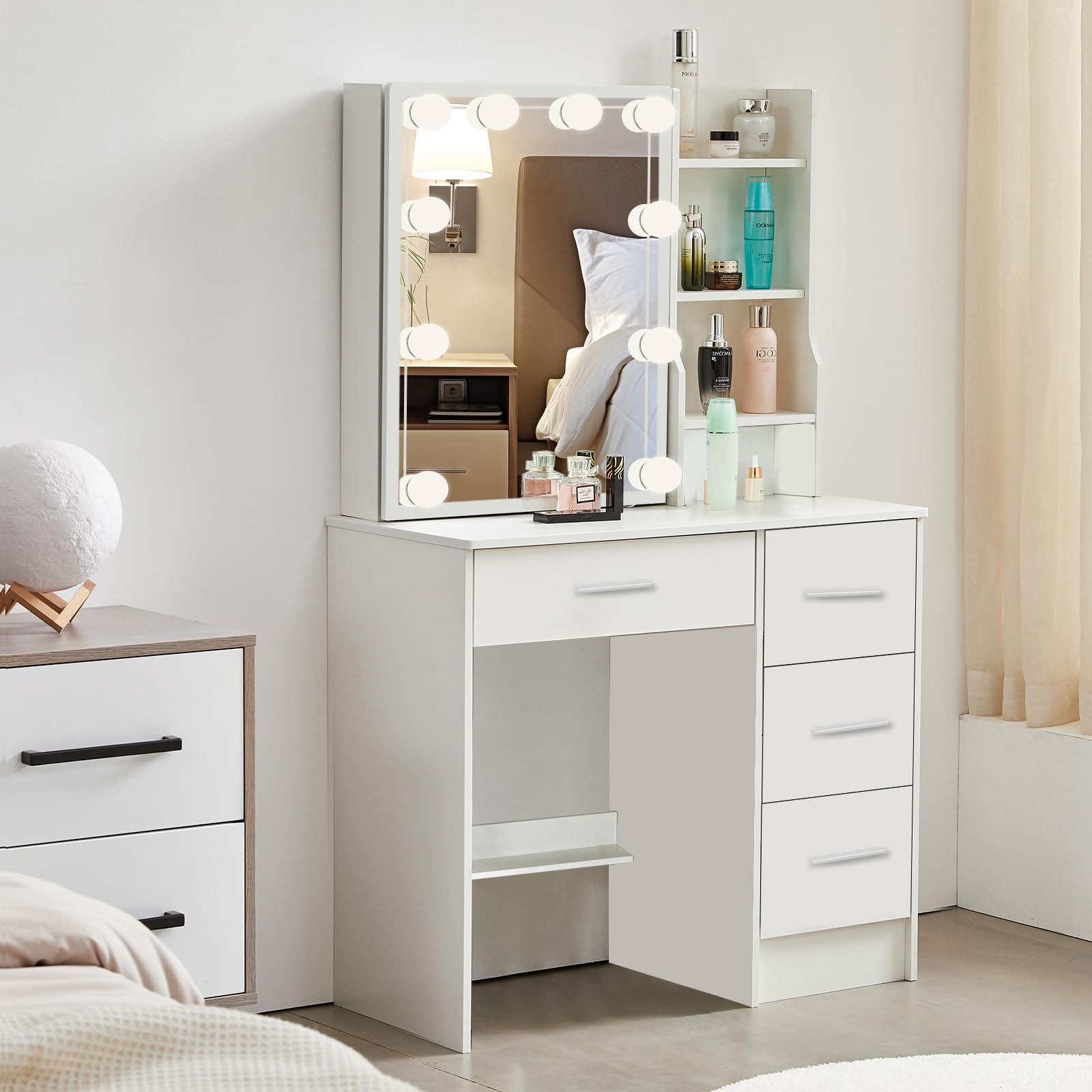 Toeletta Trucco con Luci, Toeletta Trucco con Sgabello, 3 Temperature di Colore e Luminosità Regolabile, Bianco, 36x80x131cm
