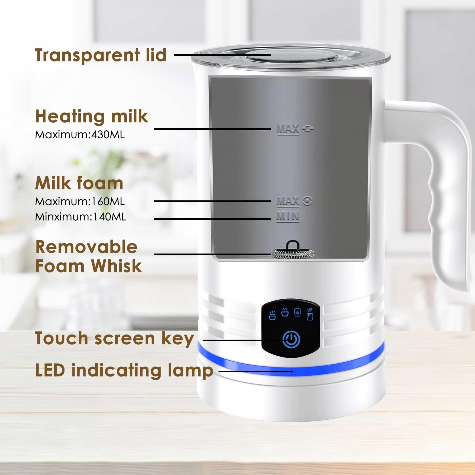 Automatique Mousseur à Lait,430ML,Revêtement Antiadhésif,4 Modes | 4en1 Machine a Mousse Electrique,Mode Silencieux,4 Modes pour Mousse de Lait Chaude et Froide,Chocolat Chaud,Latte,Cappuccino