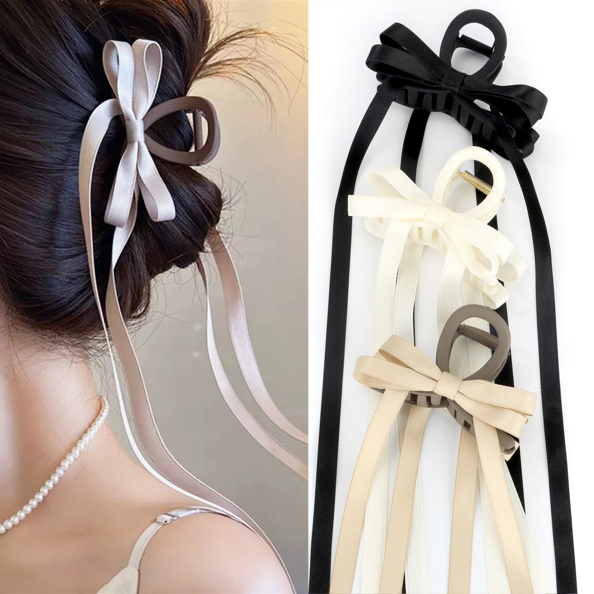 Photo 1 of **MISSING BLACK HAIR CLIP** Bow Hair Claw Clips for Women Butterfly Hair Clips 3.15" Medium Size Bow Hair Clip for Girls Tassel Ribbon Bowknot Hair Accessories for Birthday Party Show Christmas Thanksgiving 3 Pcs