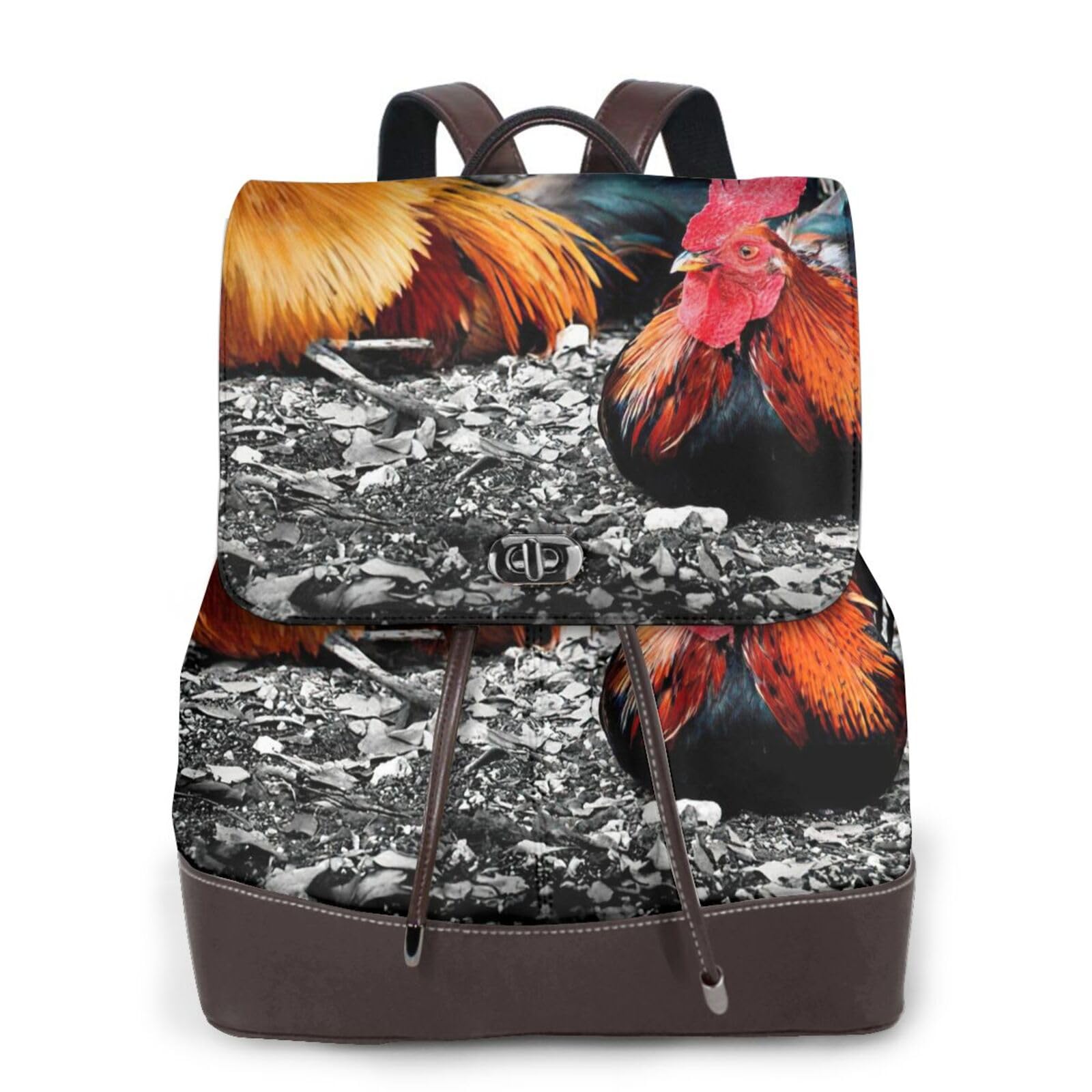 Sac à dos ordinateur portable confortable cuir noir imprimé coq