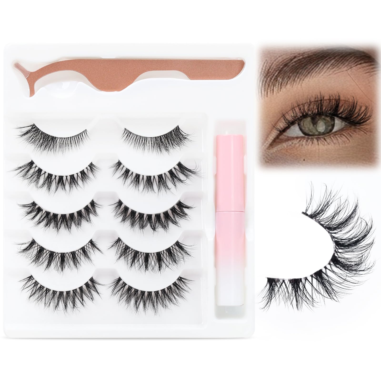 EMEDA Pestañas Postizas Naturales 3D con Pegamento 5 pares pestañas de aspecto natural con banda transparente y pegamento Pestañas con pegamento y aplicador Kit de Pestañas Suaves y Cortas (mix)