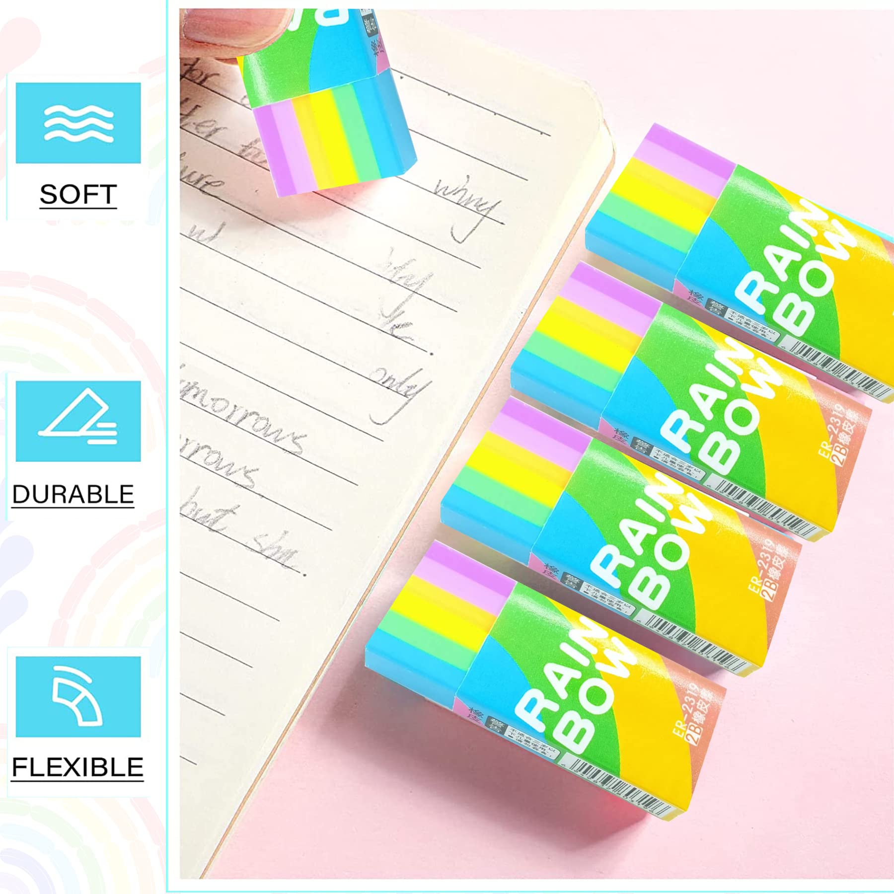 Gomas de Borrar Arco Iris 2B Erasers Suaves Originales para Estudiantes Escuela Oficina Dibujo Escritura