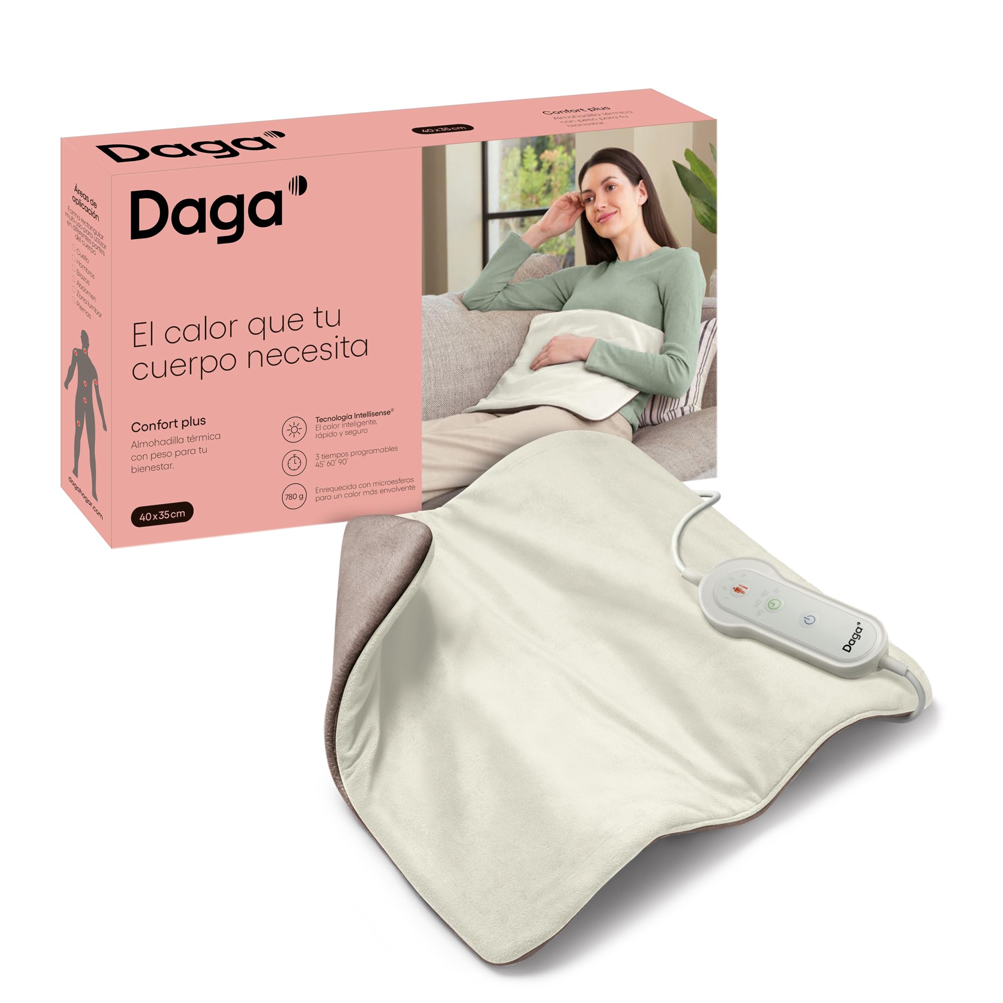 DAGA Almohadilla Térmica con peso Confort Plus, Tecnología Intellisense, Suave Tejido, Multi-Temporizador, 4 Temperaturas, 35x40 cm