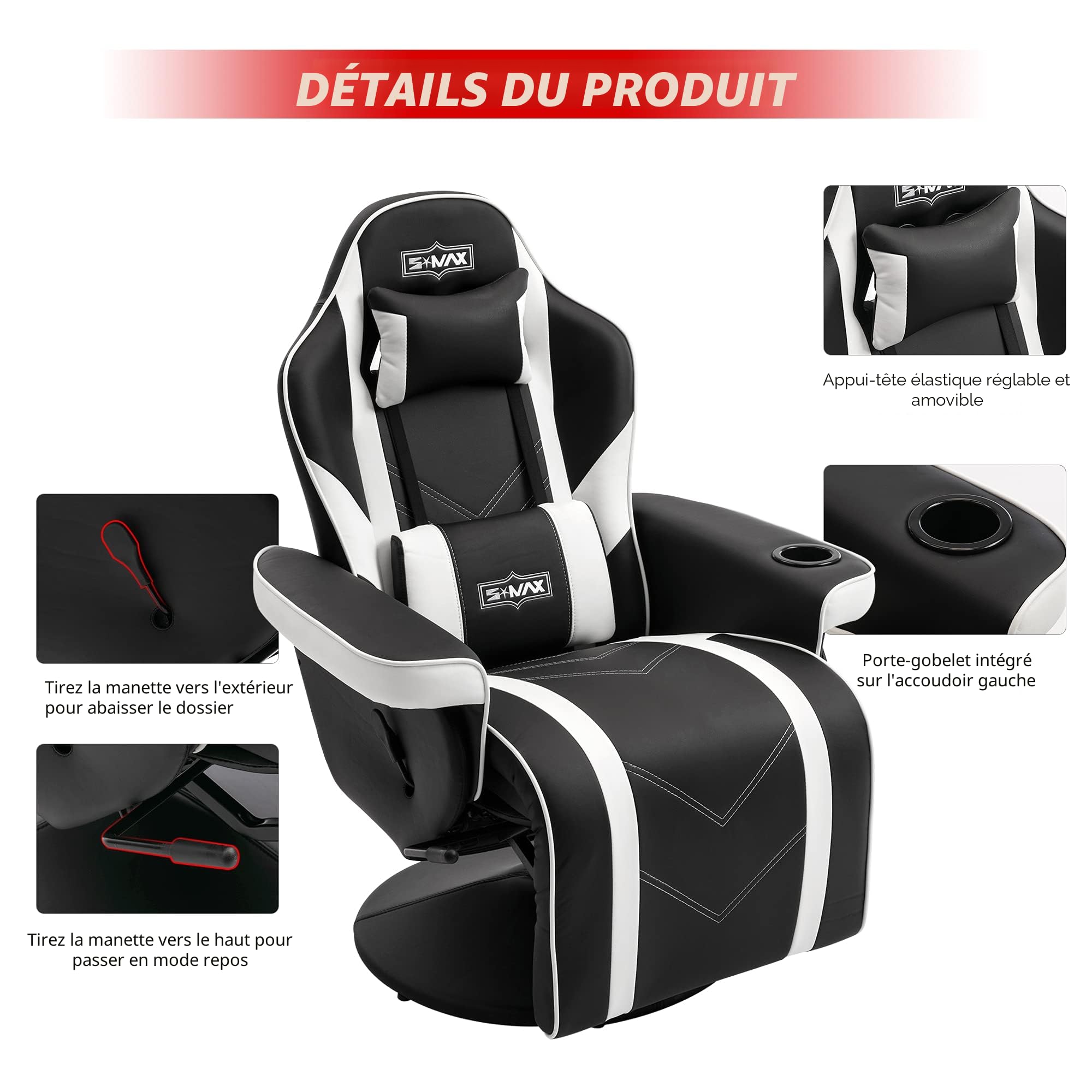 S*MAX Chaise Gaming avec Dossier Plus Haut et Support Lombaire Plus Large Chaise Gamer en Cuir PU avec Dossier et Repose-Pieds réglables Porte-gobelet Fauteuil Gaming Blanc Large