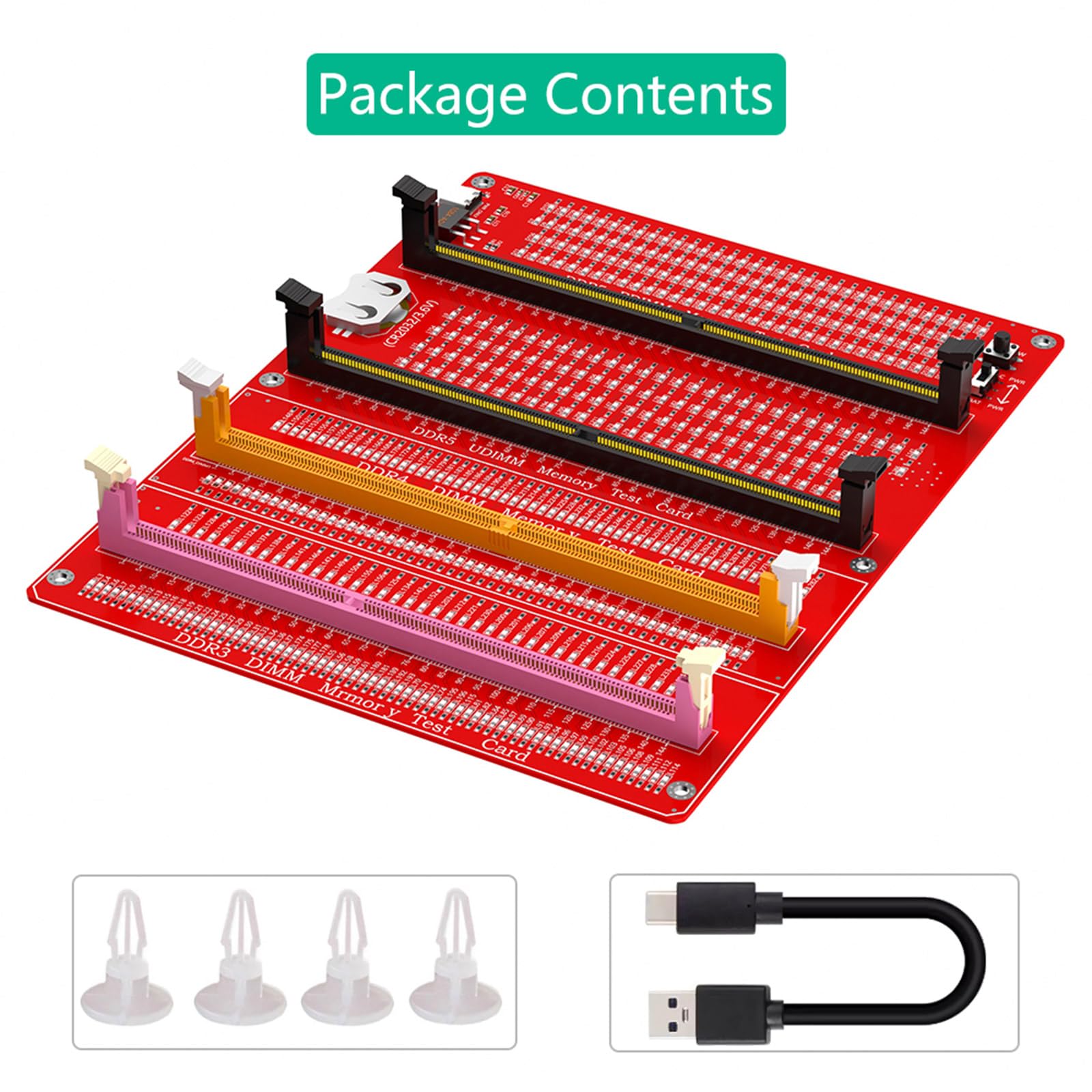 Testeur de mémoire DDR3/4/5 RDIMM/UDIMM avec indicateurs LED, Bouton d'alimentation USB-C et Carte mémoire DDR3/4/5 pour Ordinateur.