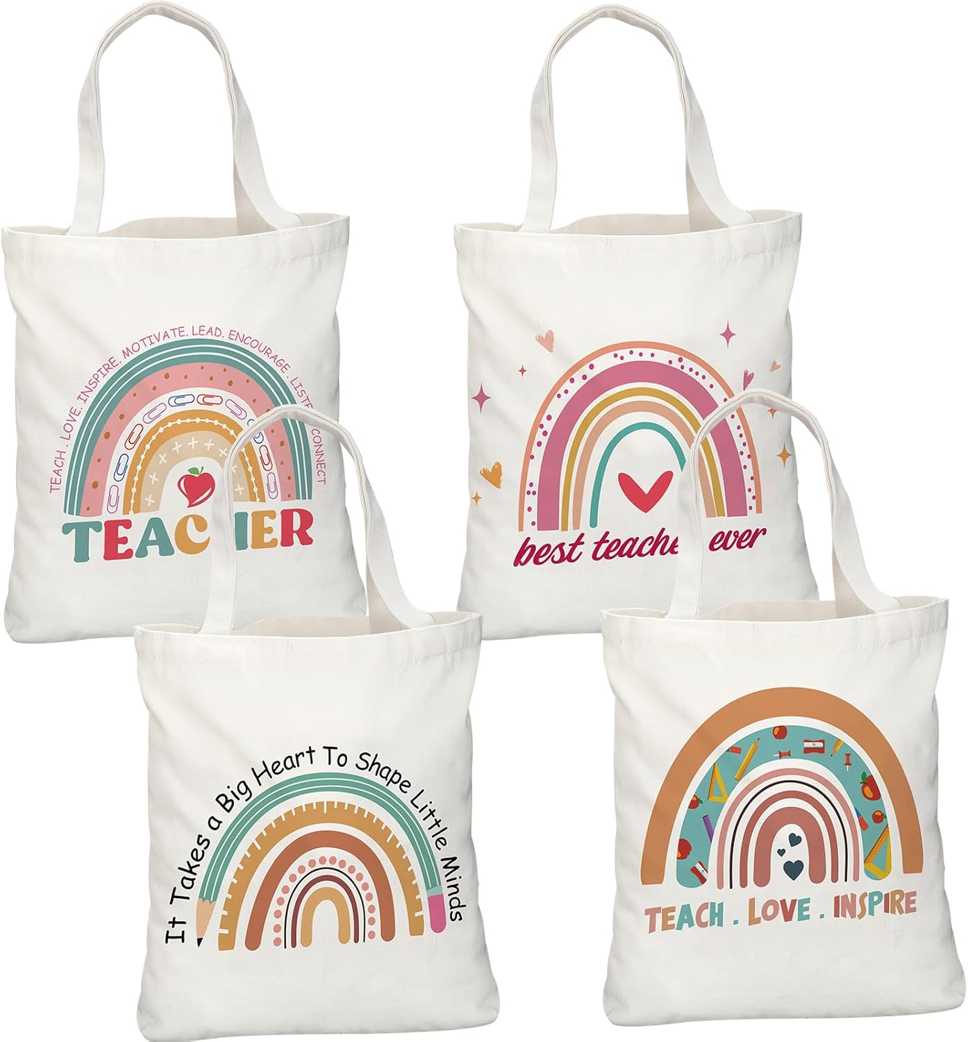 Mixweer 4 Pcs Teacher Appreciation Gifts Bags Teacher Canvas Tote Bags for Women Christmas School Supply(Rainbow Style)