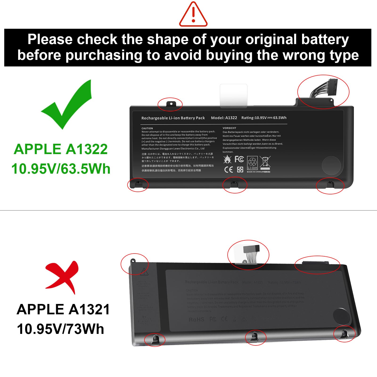 A1278 A1322 Batterie per PC portatili con grande capacità e alte prestazioni e lunga durata per MacBook Pro 13 Inch [2009 2010 2011 2012 Version] [10.95V 65.7Wh]