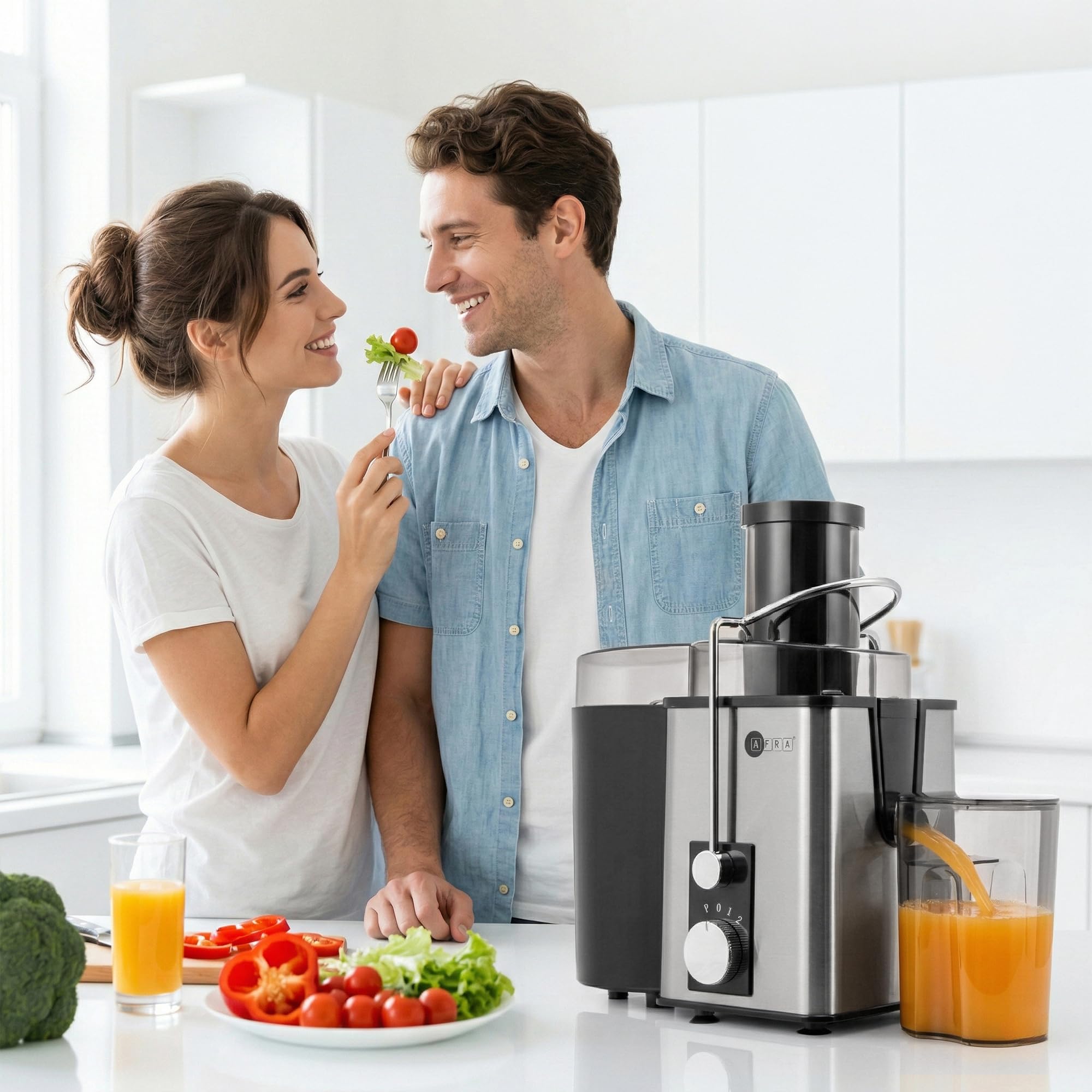 AFRA Presse-agrumes centrifuge 400 W – Extracteur électrique de jus de fruits et légumes avec 2 vitesses et impulsion, goulotte d'alimentation de 65 mm, récipient à pulpe de 1 l, pichet à jus de 550