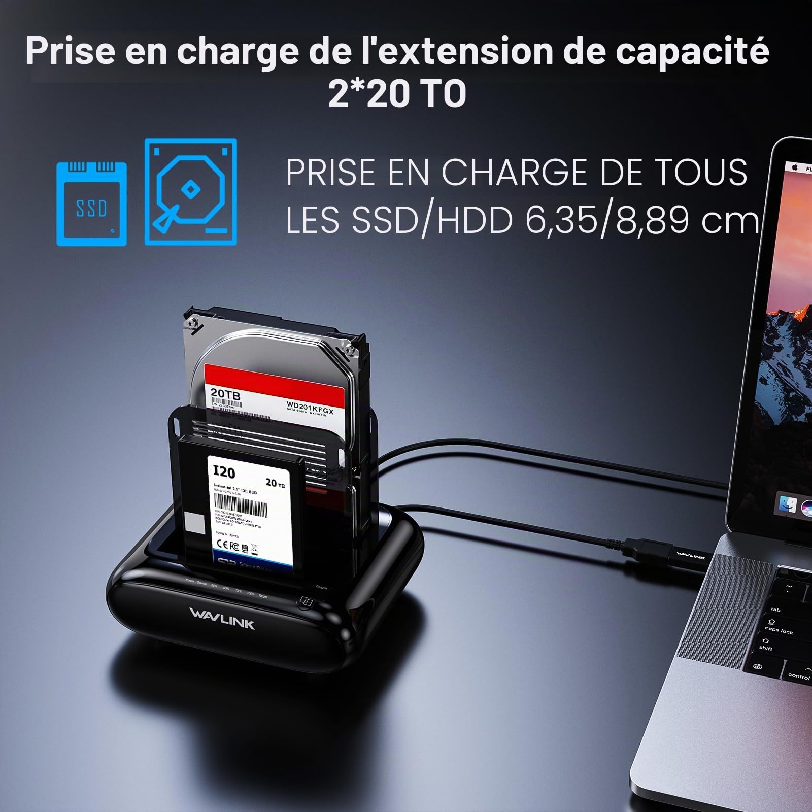 Wavlink Station d'accueil pour disques durs externes Support 2x20TB,USB 3.0 vers SATA I/II/III pour disques durs de 2,5 ou 3,5 Pouces,SSD avec Fonction de clonage Hors Ligne,Support UASP SATA 5Gbps