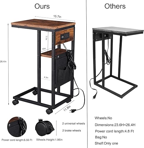 Miniatura 6 de Mesa auxiliar, mesa auxiliar con estación de carga y puertos USB, mesa auxiliar en forma de C para sofá y cama, pequeña mesa de aperitivos con bolsa