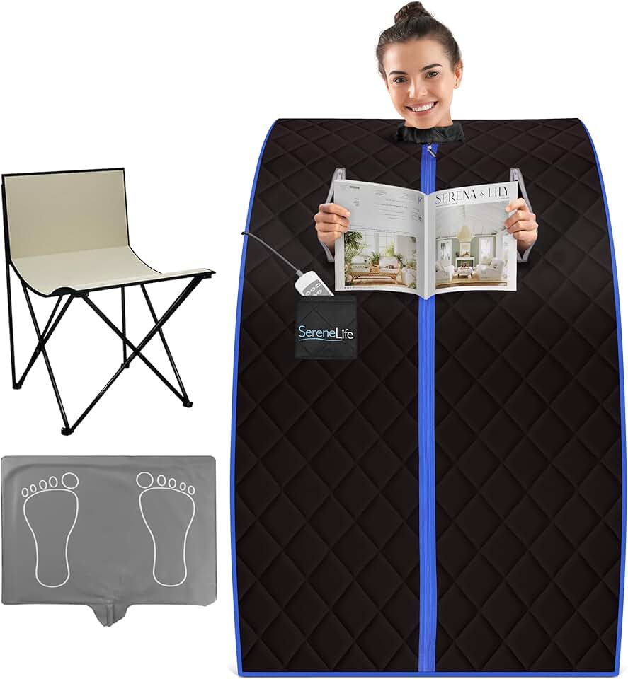SereneLife Compact & Portable Infrared Steam Sauna, Personal Spa Style Sauna for at-Home Relaxation and Rejuvenation, Easy Access Sit-in Design, Foldable Chair, Energy Efficient, Foot Pad Heating Mat