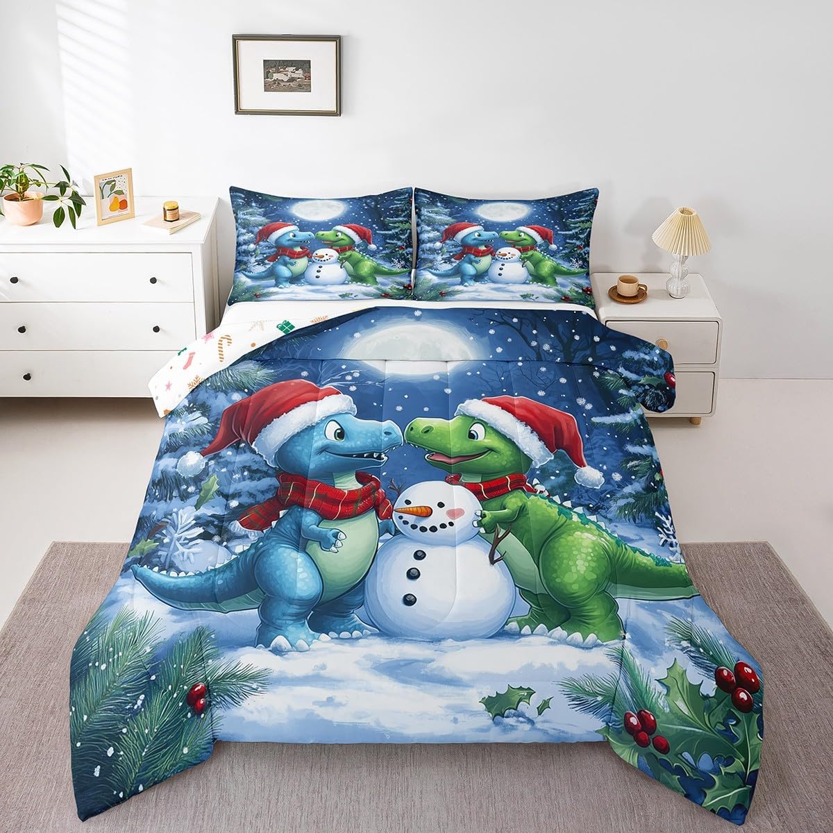 Erosebridal Christmas Holiday Comforter Set Full,Xmas Tree Bedding Comforter Sets Winter Christmas Red Cardinal Bedding Set for Kids Adults,Green Checkered Grids Quilt Duvet Christmas Home Decor