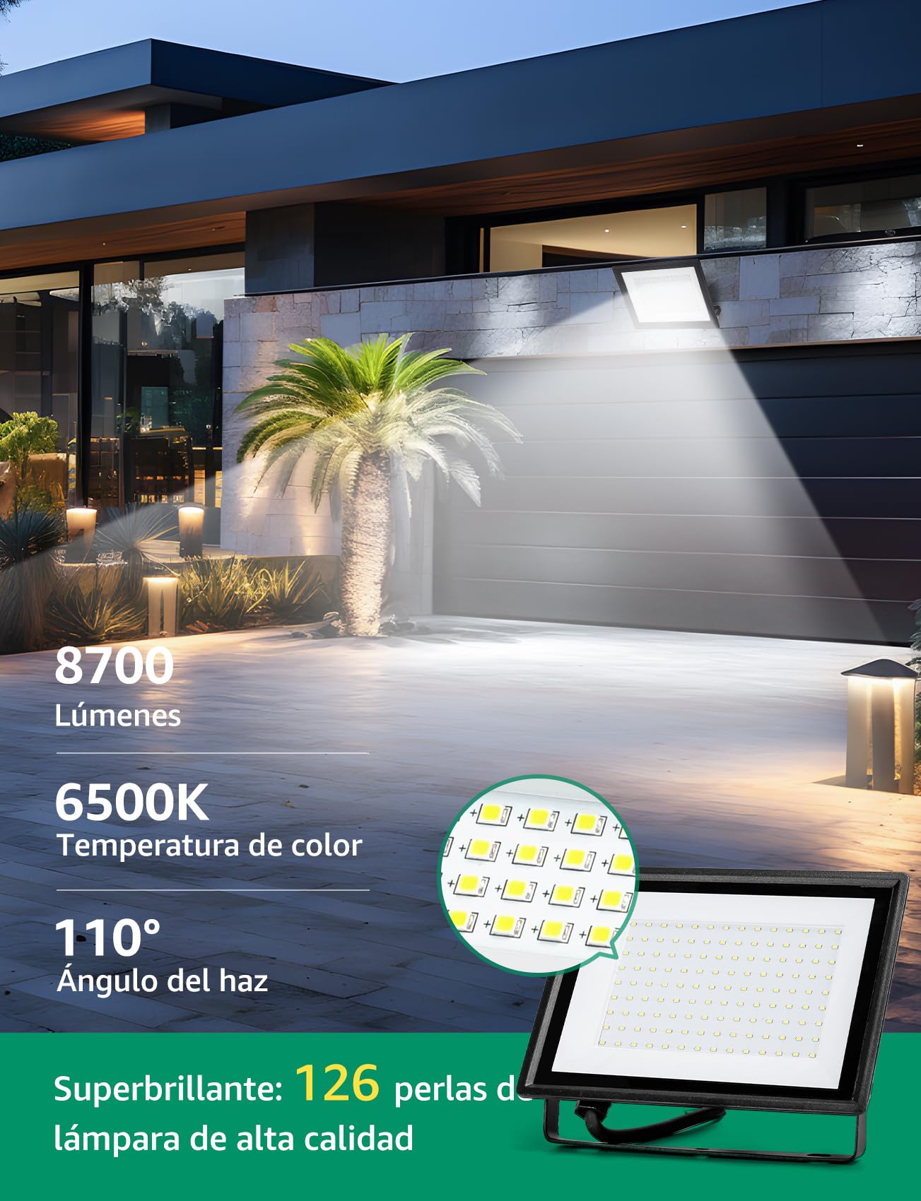 Aigostar Proyector LED exterior 100 W 8700 lm blanco frío 6500 K IP65 impermeable para jardín, patio, garaje