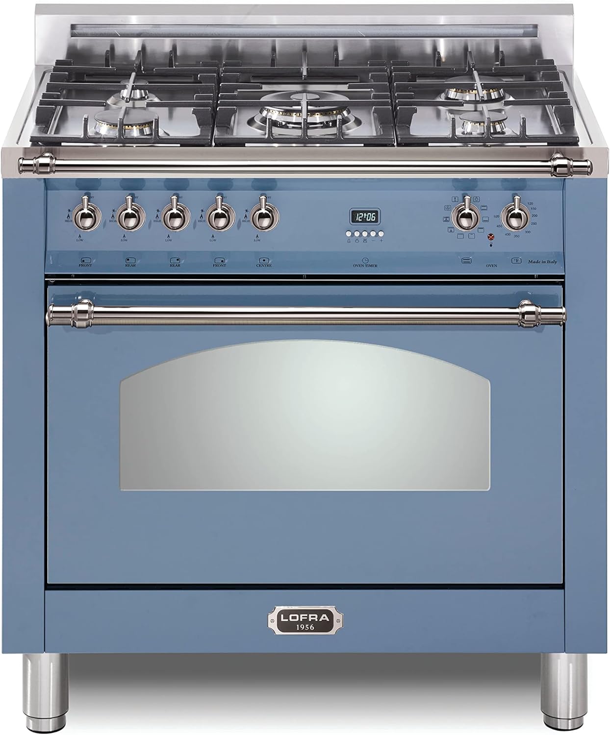 Lofra DolceVita Series 36 Inch Freestanding Dual Fuel Range Oven Stove, Cooktop 5 Sealed Brass Burners, Convection, 9 Cooking Modes, Knobs and Handrail Chrome, in Lavender