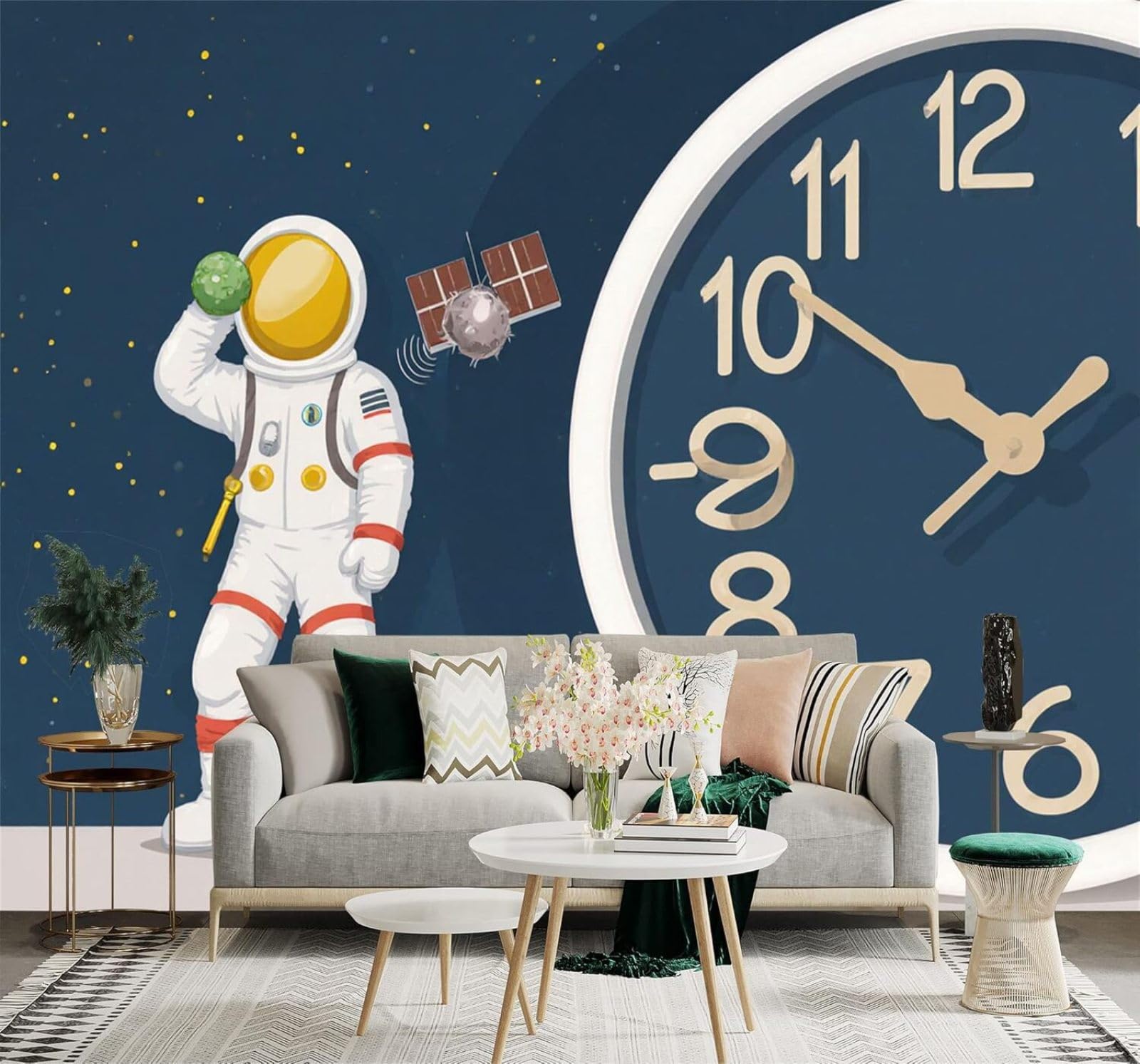 XLMING Minimalist Astronaut Clock Satellite Space 3D Wallpaper Premium Textured Silk Study Dining Living Room Bedroom Sofa TV Wall Easy Install-350cm×256cm