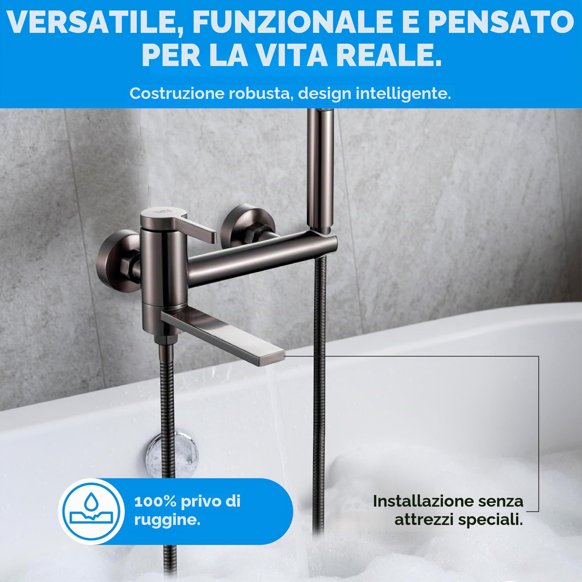 INEX Europa Rubinetto per vasca e doccia a leva singola, modello ED 5555 BS Gry. Include soffione doccia portatile cilindrico, tubo flessibile da 175 cm e supporto rotante integrato.