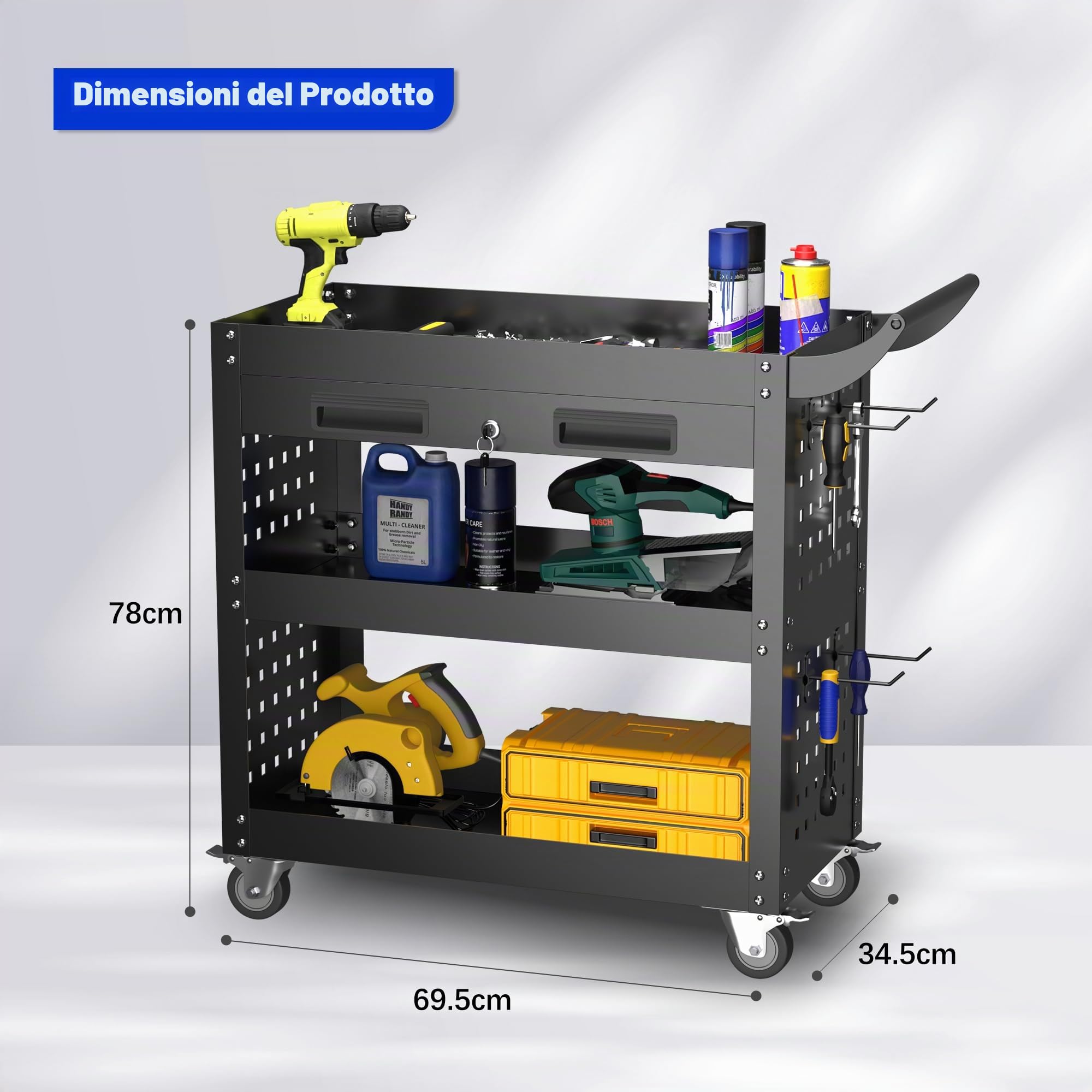 SUPEER Carrello da officina, carrello portautensili con ruote 78x35x70 cm, con cassetto con chiusura a chiave e Pegboard, 4 ganci, per officine, capacità di carico 150 kg