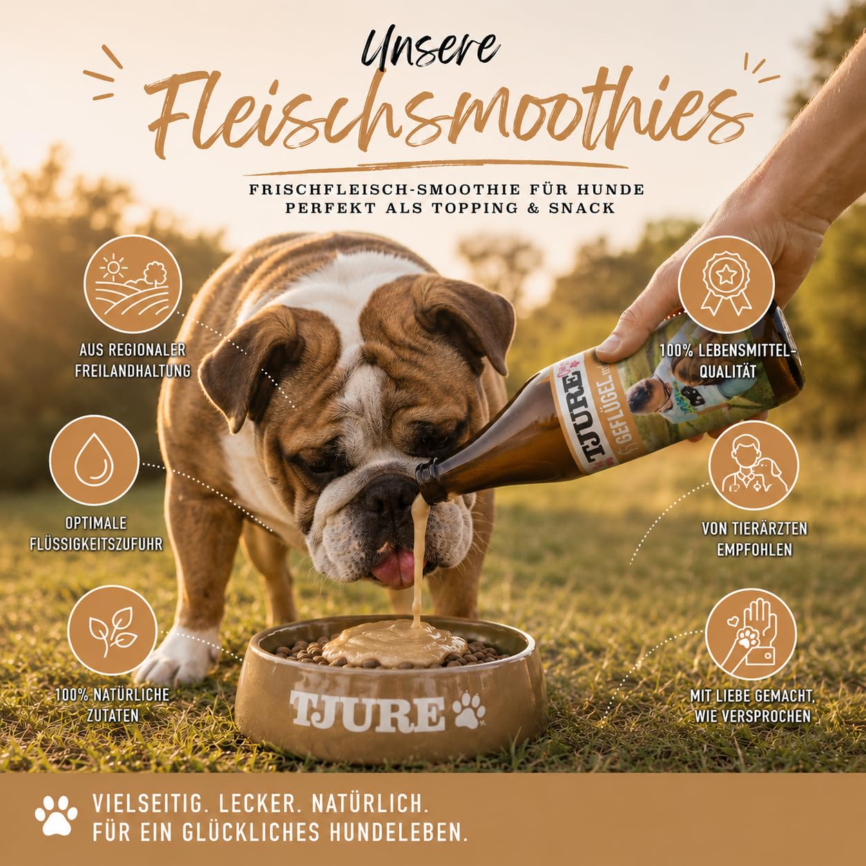 TJURE Hundesmoothie Mixbox | 10 + 2 x 320 ml | 6 x Geflügel | 6 x Rind | Flüssig Snack für Hunde | Ideal als Futter Topping | Zutaten in Lebensmittelqualität | Getreidefrei | Made in Germany