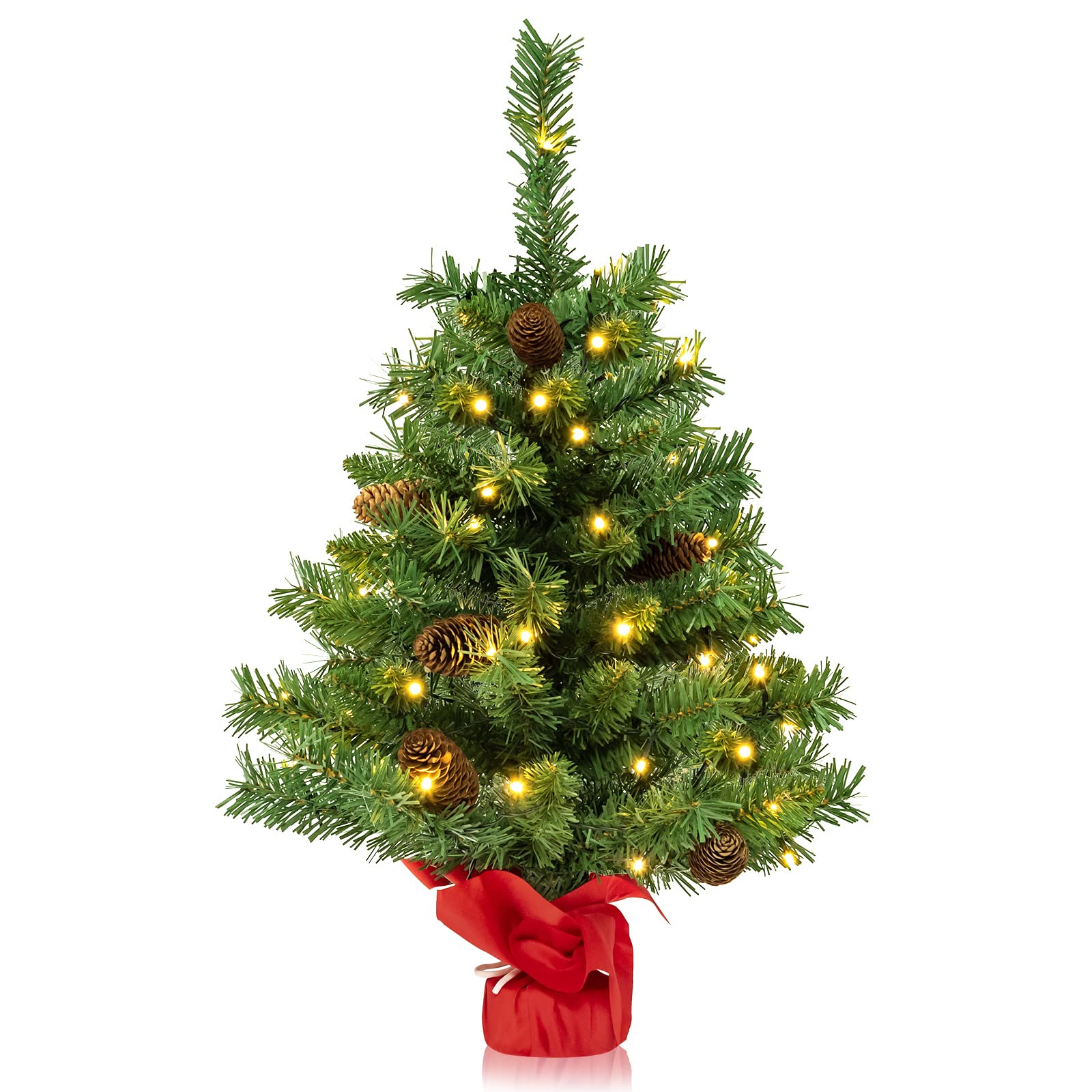 KOMFOTTEU Árbol de Navidad Artificial de 64 cm, Pequeño Árbol Navideño con 50 Luces LED y 8 Modos de Luz, Árbol Decorativo de Mesa con 75 Puntas de Ramas y 8 Piñas (64cm, 50 Luces)
