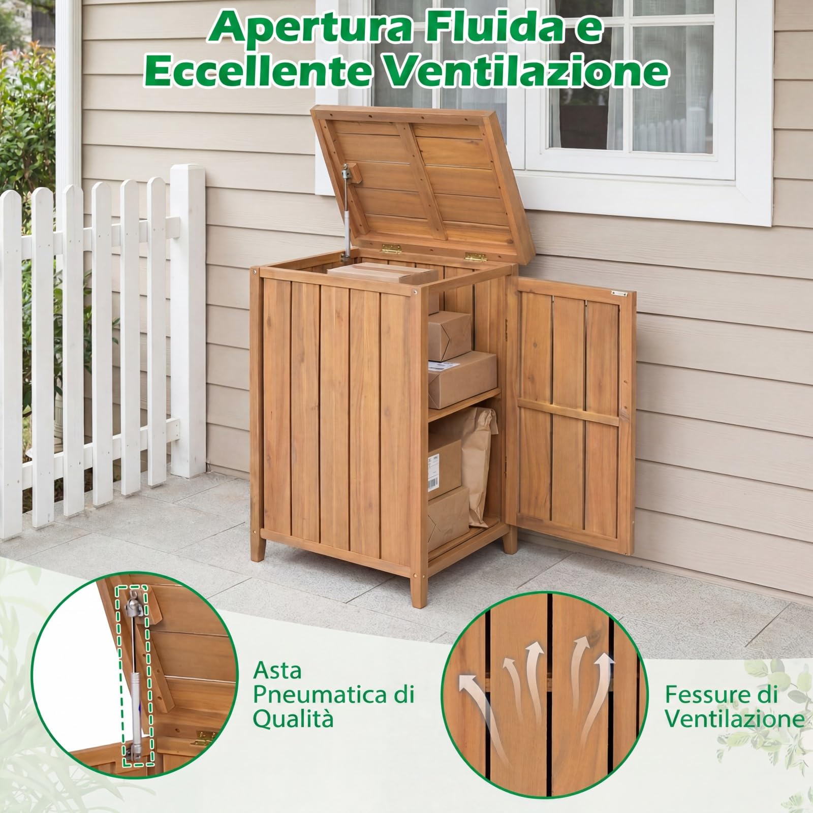 COSTWAY Armadio da Esterno in Legno Massello con Ripiano Rimovibile, Casetta Porta Attrezzi con Porta e Coperchio Apribile, Contenitore per Bidoni Spazzatura per Giardino, Cortile e Patio