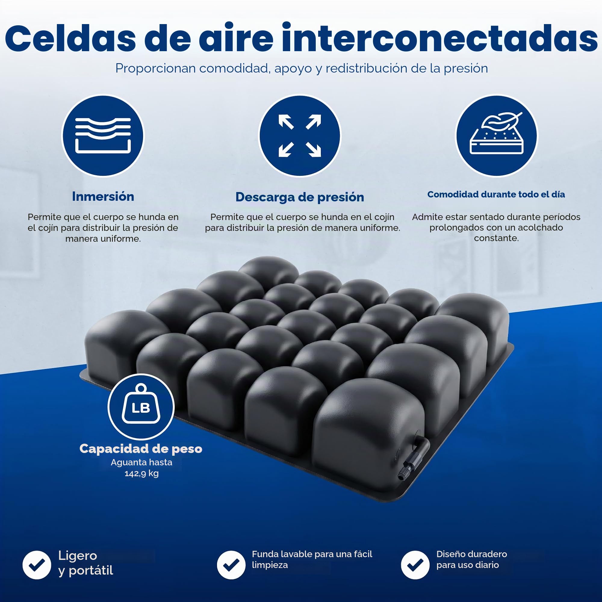 Roho Mosaic 1616HD Cojín de asiento hinchable para sillas de oficina y sillas de ruedas, cojines ajustables con funda resistente al agua, 40,64 x 40,64 cm., 18" Wide x 16" Deep - Heavy Duty, 1