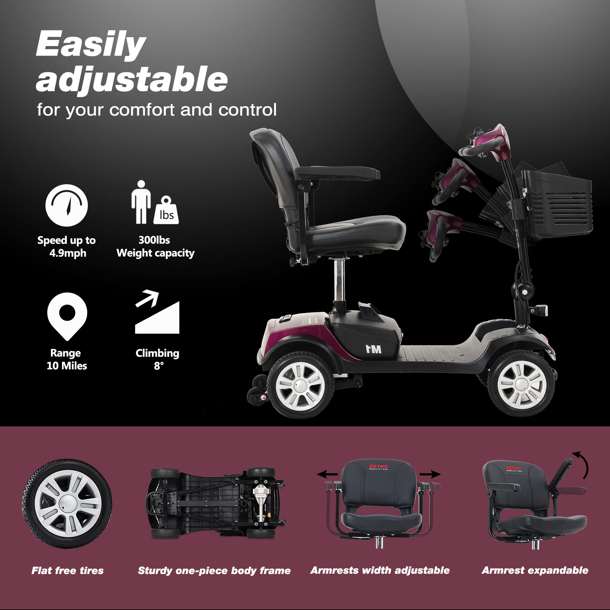 Electric Folding Mobility Scooter for Adults and Seniors, 4 Wheel Powered Wheelchair Device - Compact Heavy Duty Mobile for Travel, Long Range Power Extended Battery with Charger and Basket Plum Red
