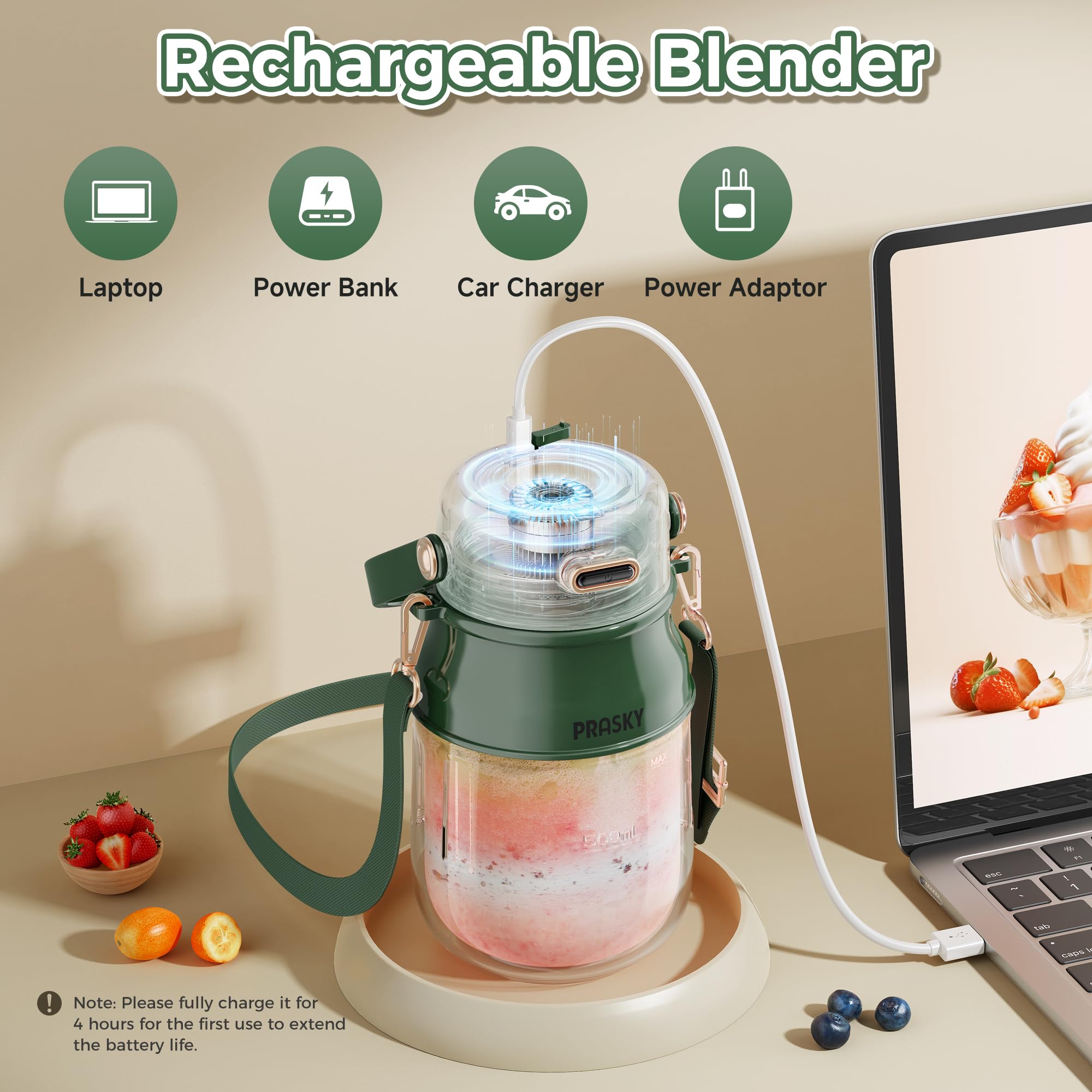 Portable Blender With 27oz Cup - USB Rechargeable Personal Blender For Smoothies & Shakes