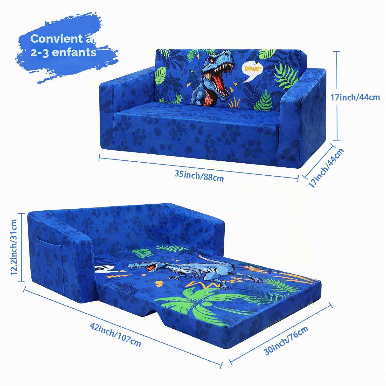 Canapé Enfants Canapé-Lit 2 Places Convertible, Lit Pliant 2 en 1 Fauteuil Enfant Stable avec Tapis Antidérapant, Chaise-Lit Couchette Enfant pour Chambre à Coucher Salle de Jeux (Dinosaures)