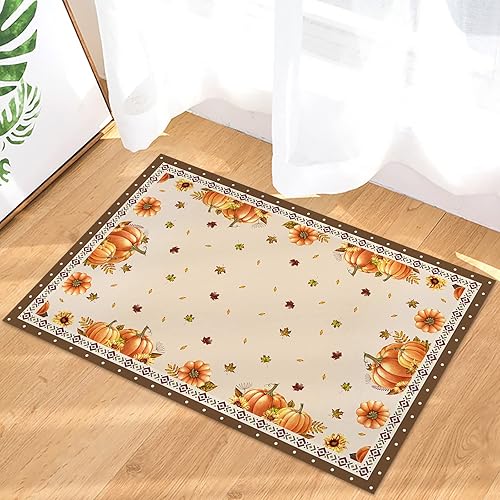 Bath Rugs Entrance Non Slip Front Door Mat Farm Fall Pumpkin Sunflower Kitchen Carpets Thanksgiving Maple Leaf Floor Mats for Bathroom Bedroom