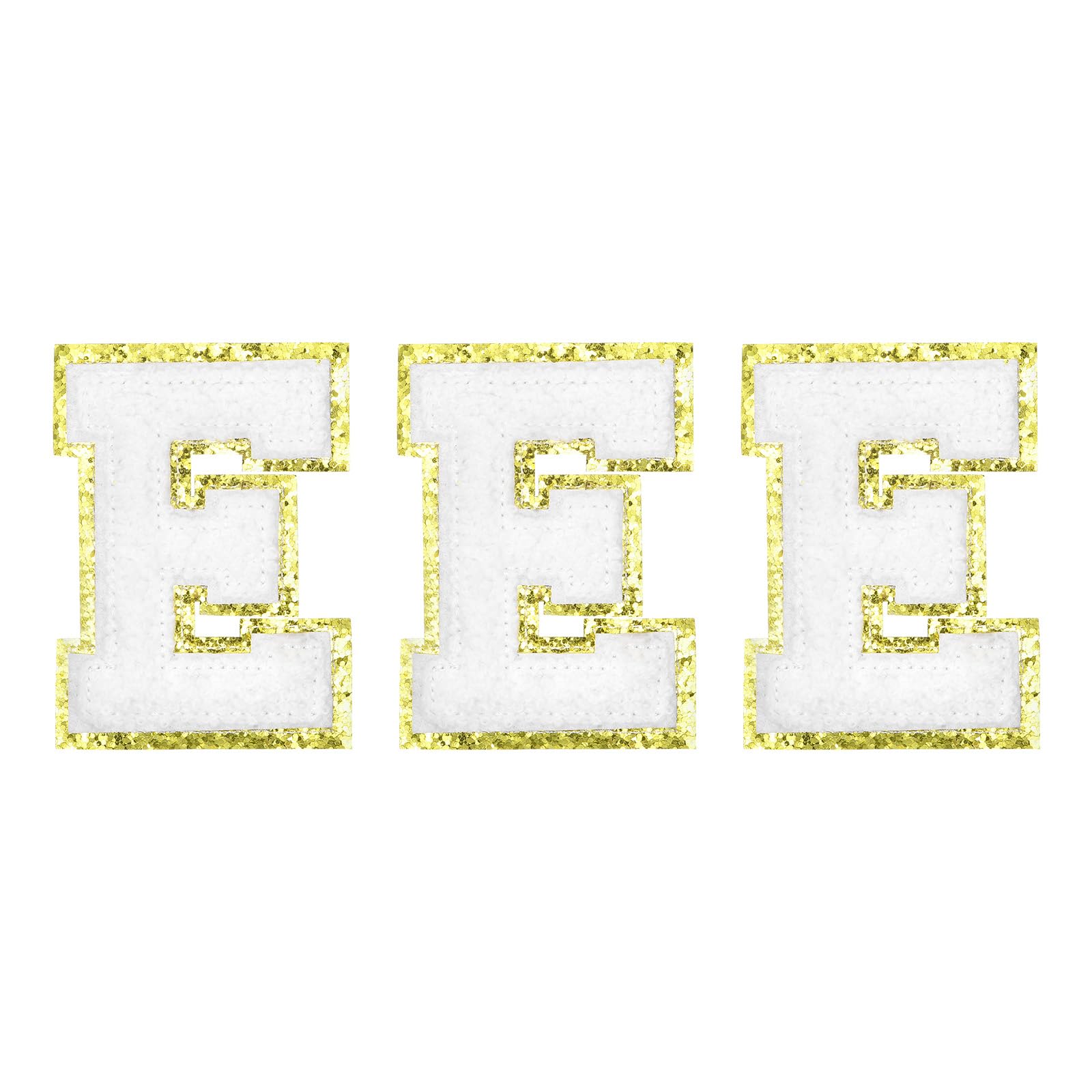 sourcing map Chenille Letters E Patches Large Size 80mm/3.15 Inch Iron-on Letters E Patches Golden Glitter Embroidered Patches for Clothing, Shoes, Hats, Backpacks Pack of 3(White)
