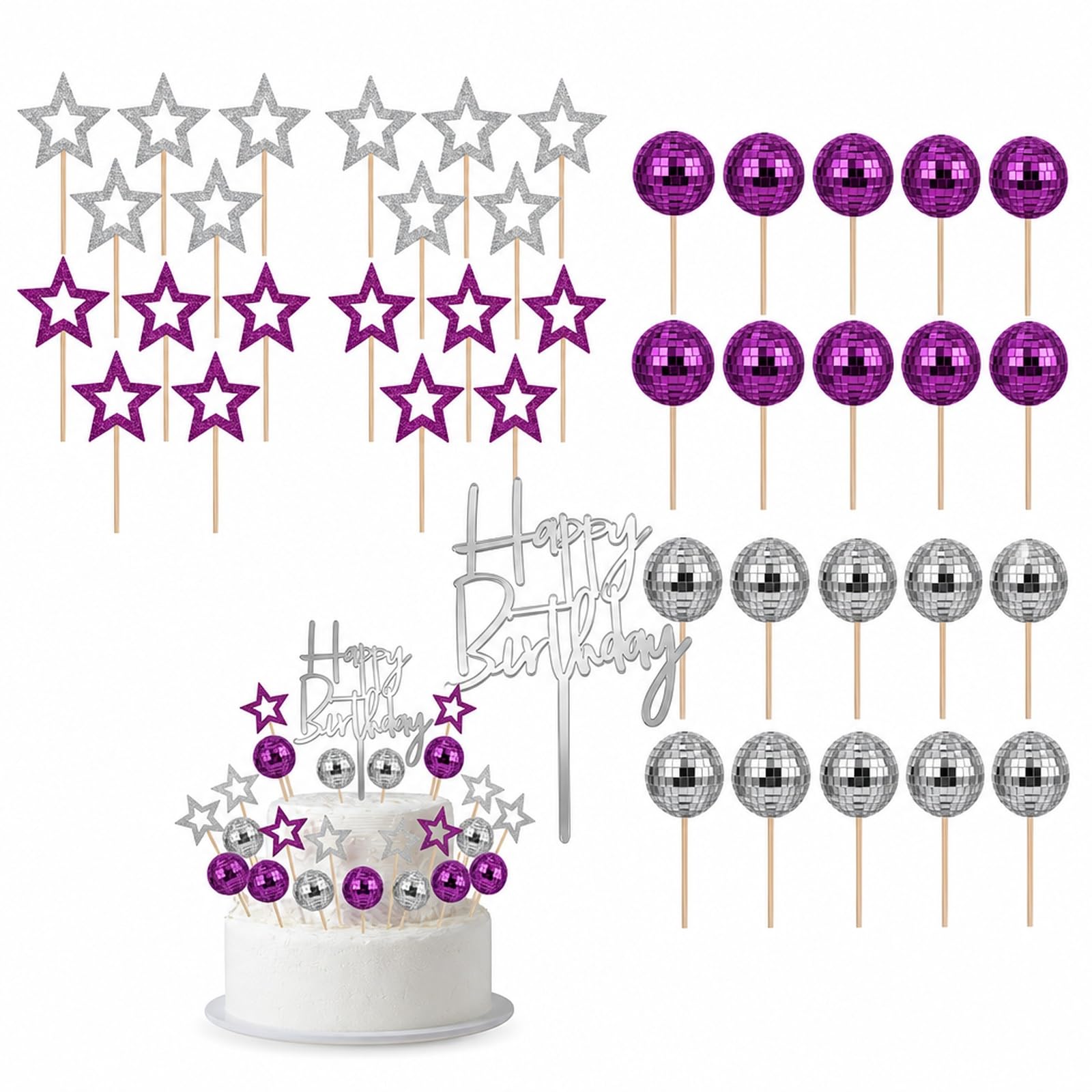 41PCS Disco Ball Cake Decorations Set, Purple Cake Decorations, Silver And Purple Disco Ball Decorations, Birthday Cake Decoration Set