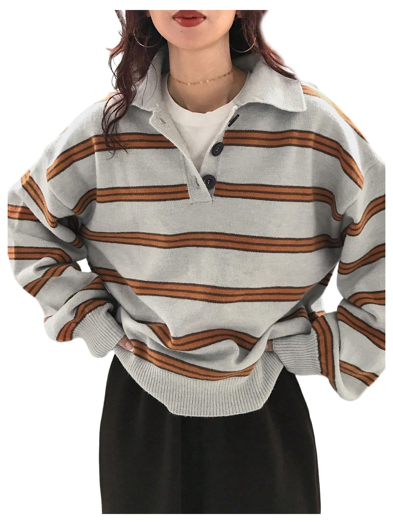Milumia Womens Y2k Striped Knit Rugby Sweater Long Sleeve Button Collared Oversized Pullover Tops