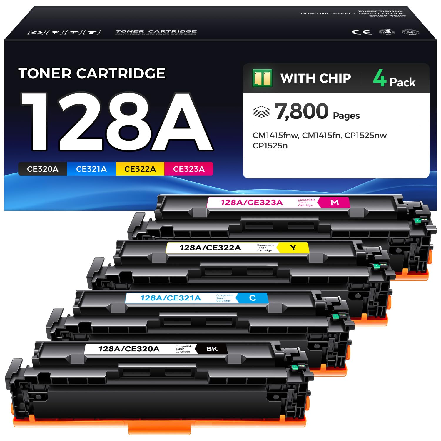 128A Toner Cartridge 4-Pack Black Cyan Yellow Magenta High Yield Replacement for 128A CE320A CE321A CE322A CE323A Compatible with HP Laserjet Pro Color MFP CM1415fn CM1415fnw CP1525nw CP1525n Printer