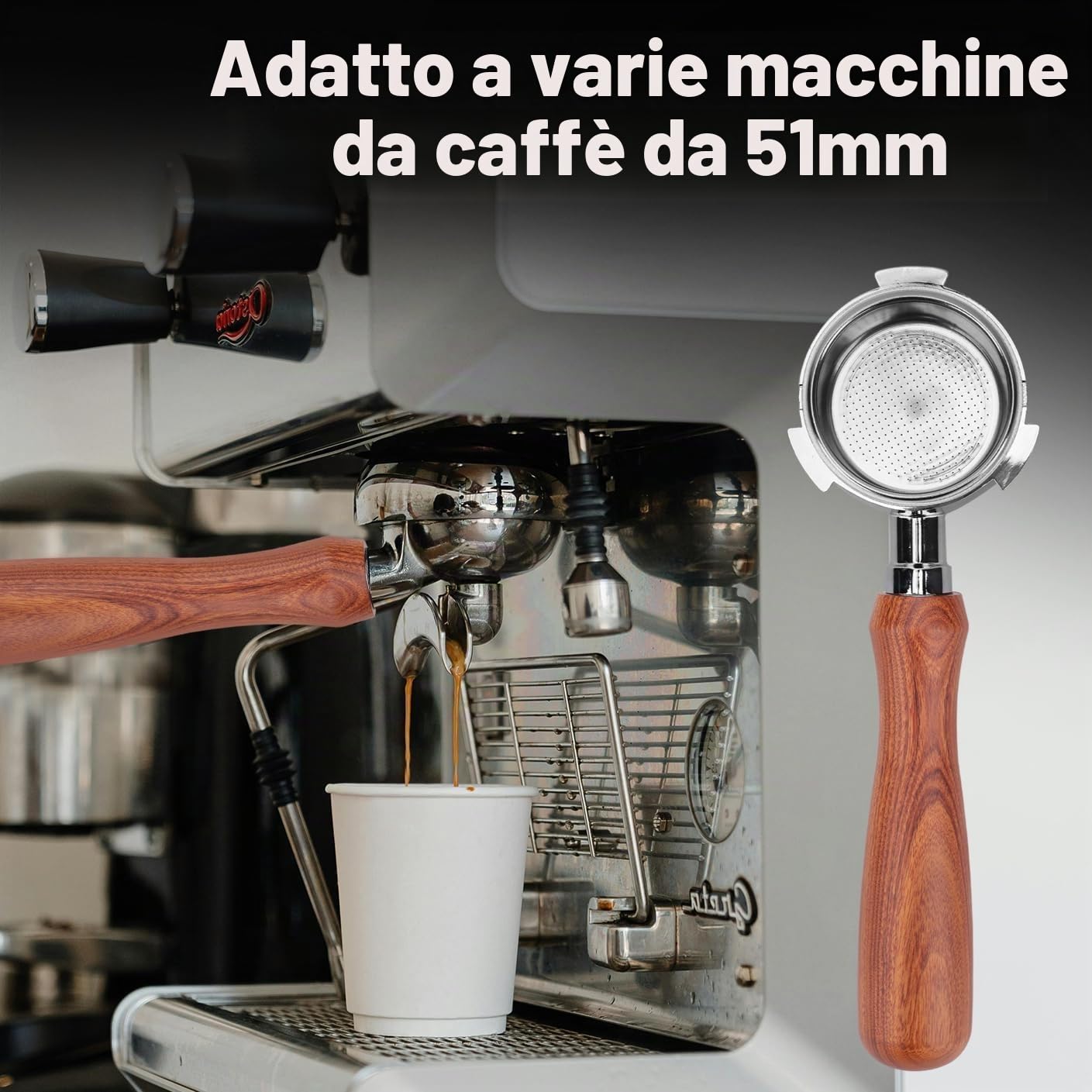 Portafiltro Senza Fondo da 51mm con Schermo a Disco compatibile per DeLonghi EC680/EC685, portafiltro da 51 mm con cestello filtro in acciaio inox manico in legno