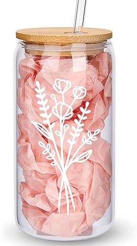 Bonitas tazas de vidrio con tapas y pajitas, taza de café helado estética, tazas de café con flores, vaso personalizado con pajilla, regalos de