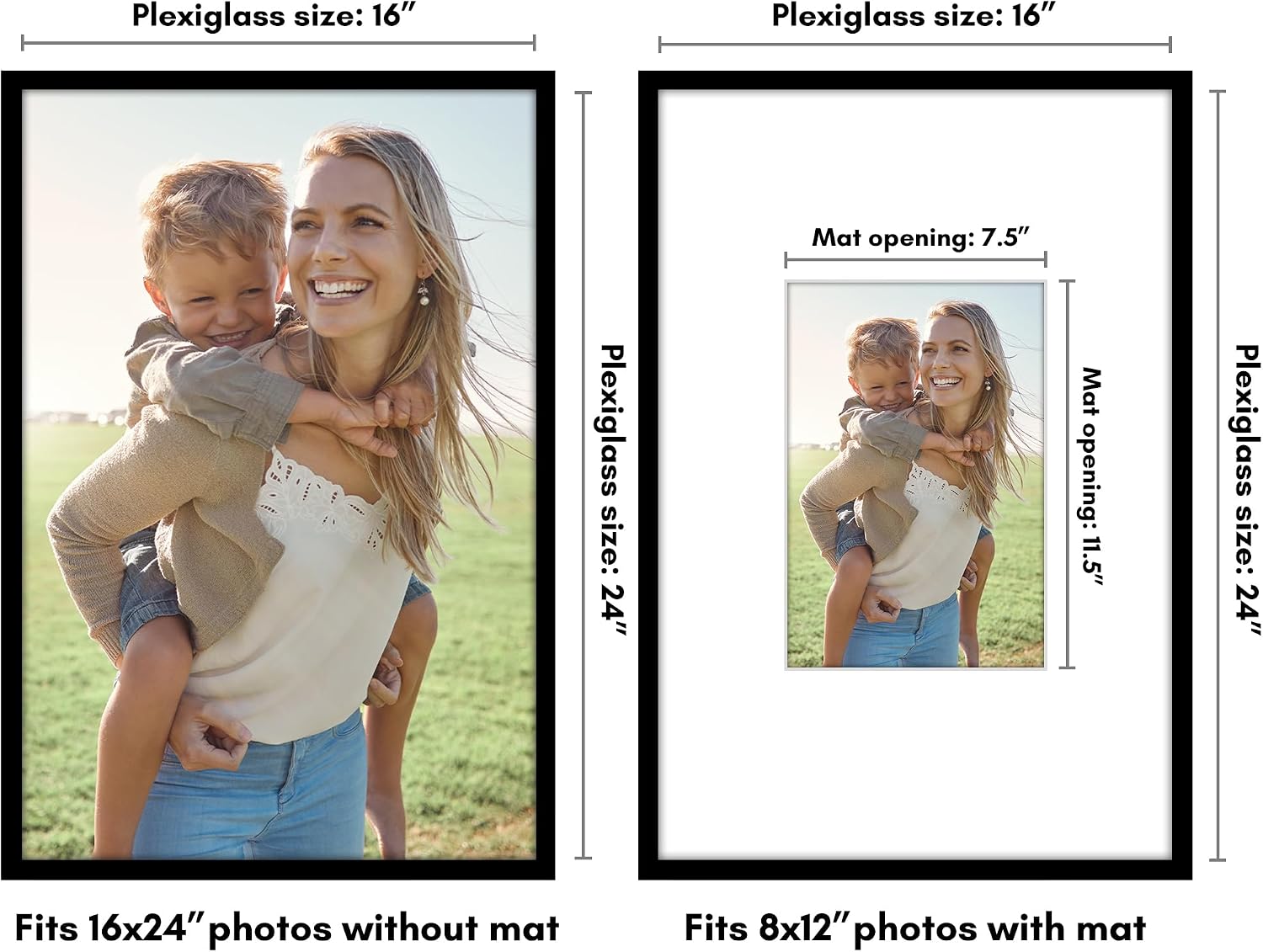 Americanflat 16x24 Poster Frame with Polished Plexiglass - Use as 8x12 Frame with Mat or Display 16x24 Photo Without Mat - Streamline Collection - Thin Border Picture Frames for Wall - Black