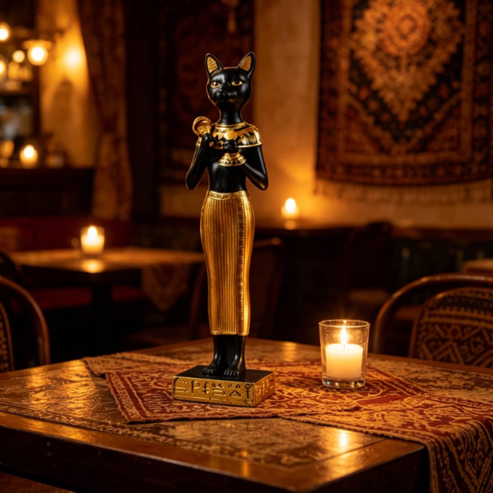 Statua Decorativa Gatto Bastet Ornemento in Resina con Accenti Dorati E Slanciata Base Rettangolare Stile per Interno Ufficio Studio Adatta a Ripiani Consolle Librerie 28.5cm