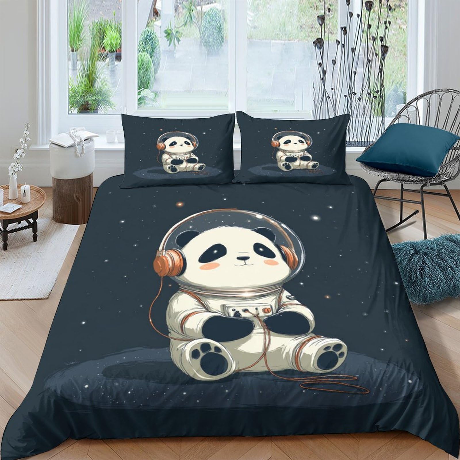 Ctjqhvkz Style-10 3D Printed Cute Panda Fitted Sheet Microfiber Soft Dark Blue Headphone Animal Mattress Cover For Bedroom Guestroom Decor Single（135X200cm）