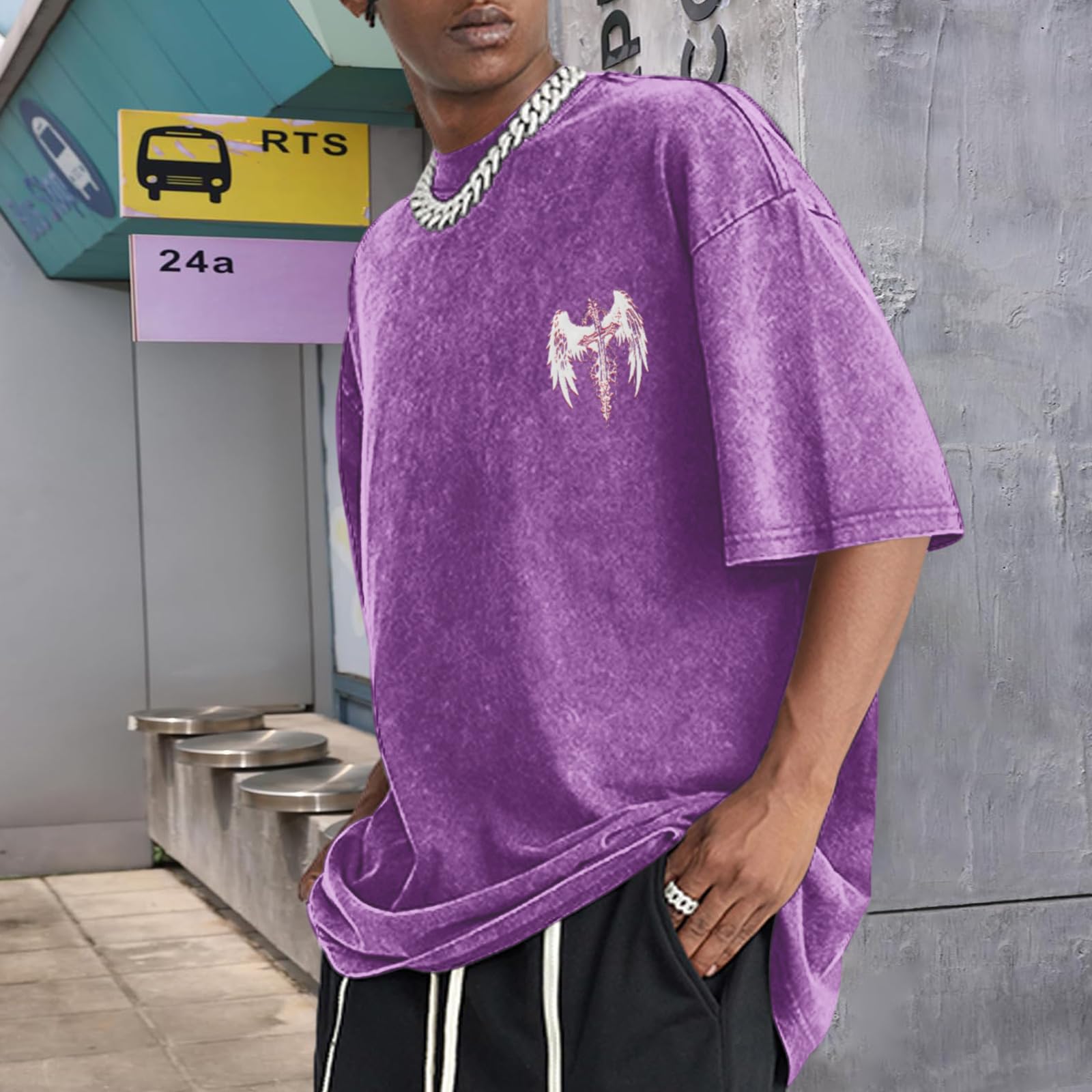 Vintage Goth Punk Shirts for Men Grunge Streetwear Oversized Tshirts Gothic Cross Y2k Graphic Tees Acid Wash T Shirt: Purple Small