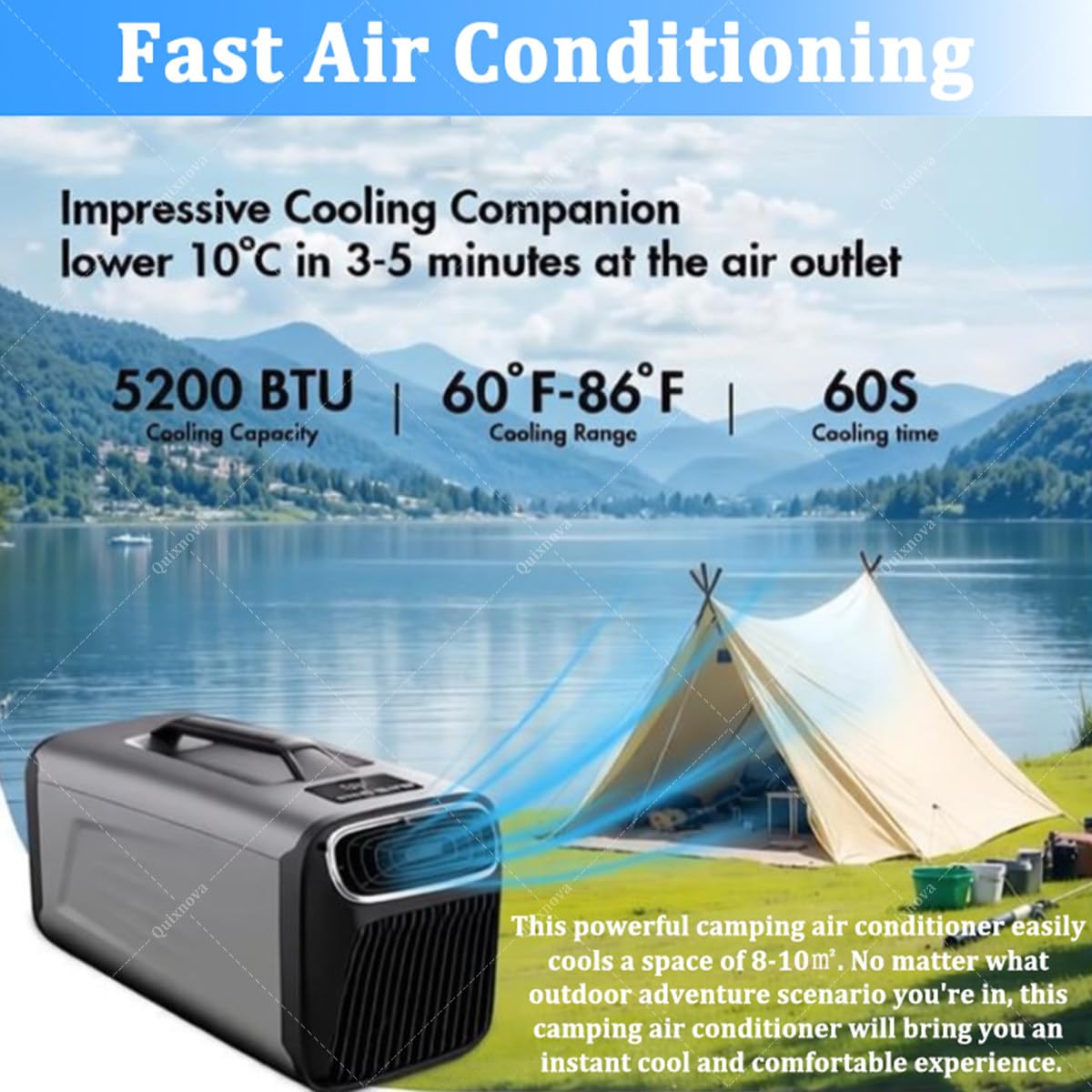 Quixnova Tragbare Camping-Klimaanlage mit 5200 BTU, leises 4-in-1-Klimagerät mit Fernbedienung, Mobile Klimaanlage für Zelt, Wohnmobil, Auto, Garage, 