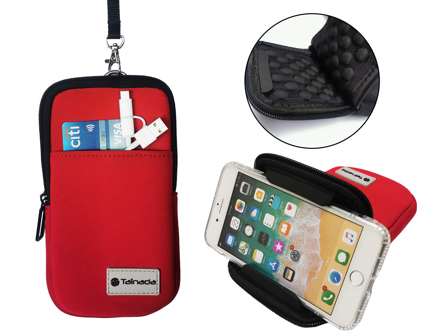 Tainada Men Women Neoprene Universal Multi-Purpose Shockproof Soft Bubble Padded Zippered Sleeve Case Bag Wristlet Phone Pouch with Carabiner, Detachable Neck Lanyard Strap, Belt Loop Holster (Red)