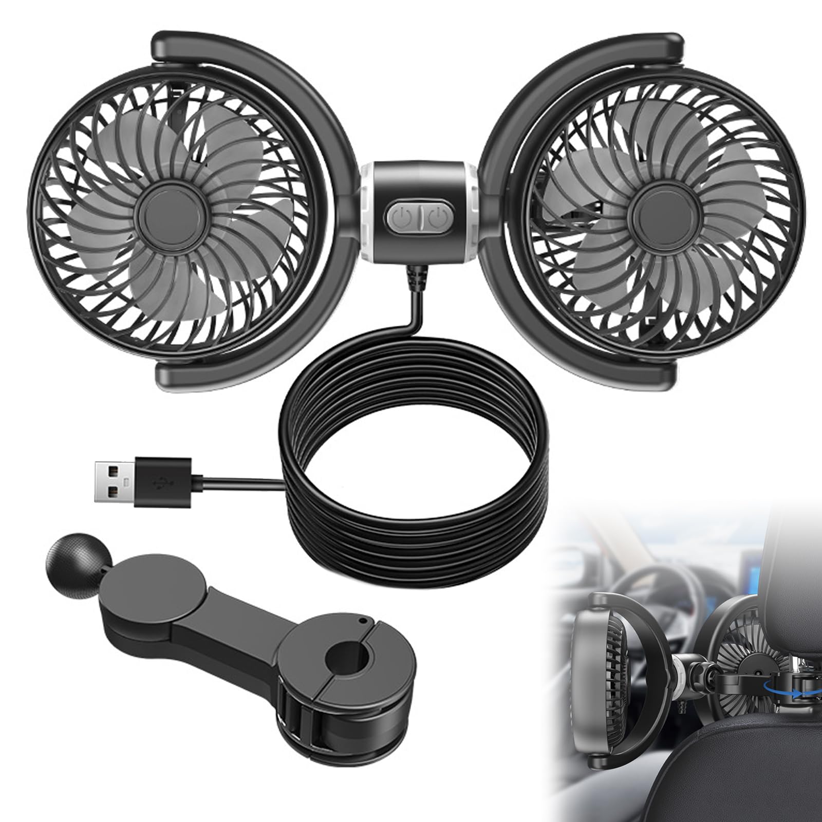 Ventilateur Voiture 12V, Ventilateur de Voiture Double Tête USB, Ventilateur de Refroidissement de Voiture Double Tête, 3 Vitesses Réglables, Rotation à 360° Ventilateur Portable Voiture pour SUV/RV