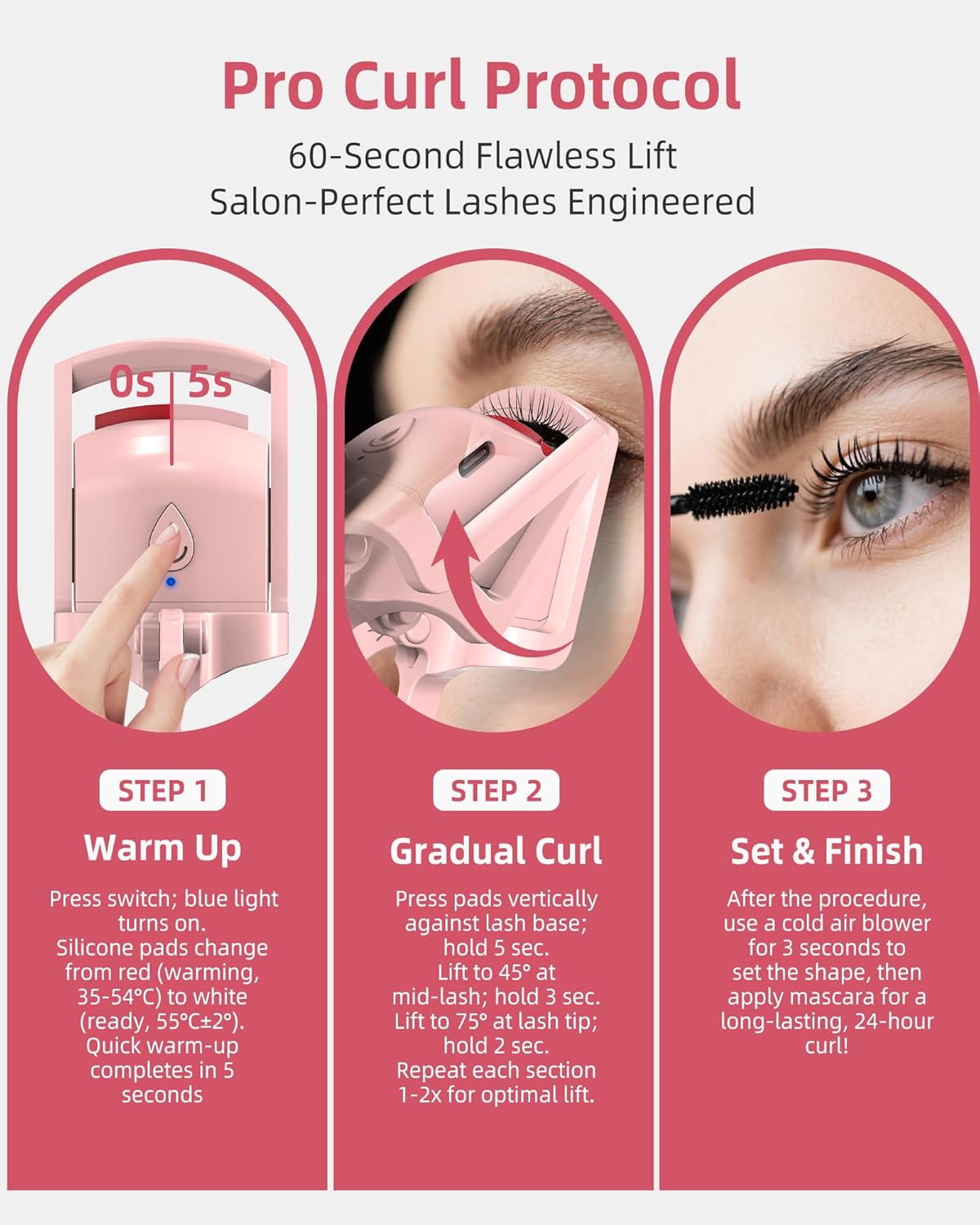 Heated Eyelash Curler, 5s Fast Heating Electric Eyelash Curler, Safe Anti-Burn Eyelash Curlers with Silicone Pad, Type-C Quick Charge, Intelligent Temp Control, 24H Long-Lasting Curls (Pink) - Image 8
