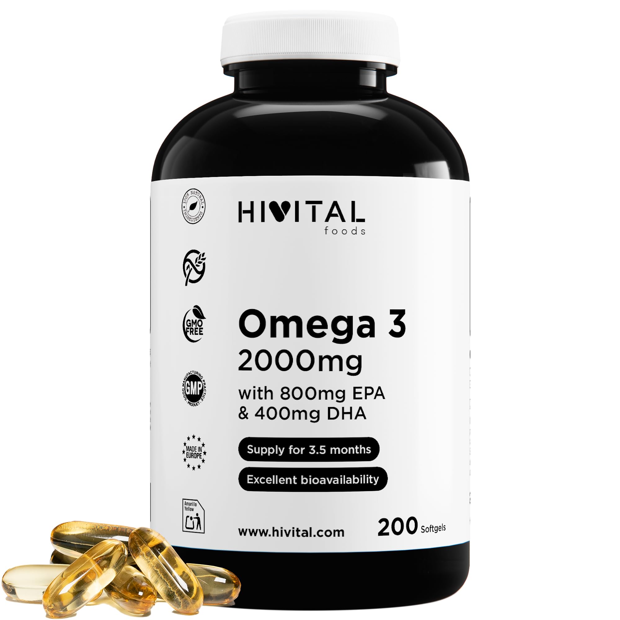 Omega 3 2000 mg. 200 cápsulas para más de 3 meses de tratamiento. Con 800 mg EPA, 400 mg DHA y Vitamina E Natural. El único con Aceite de Pescado Español. Fabricado en España por HIVITAL