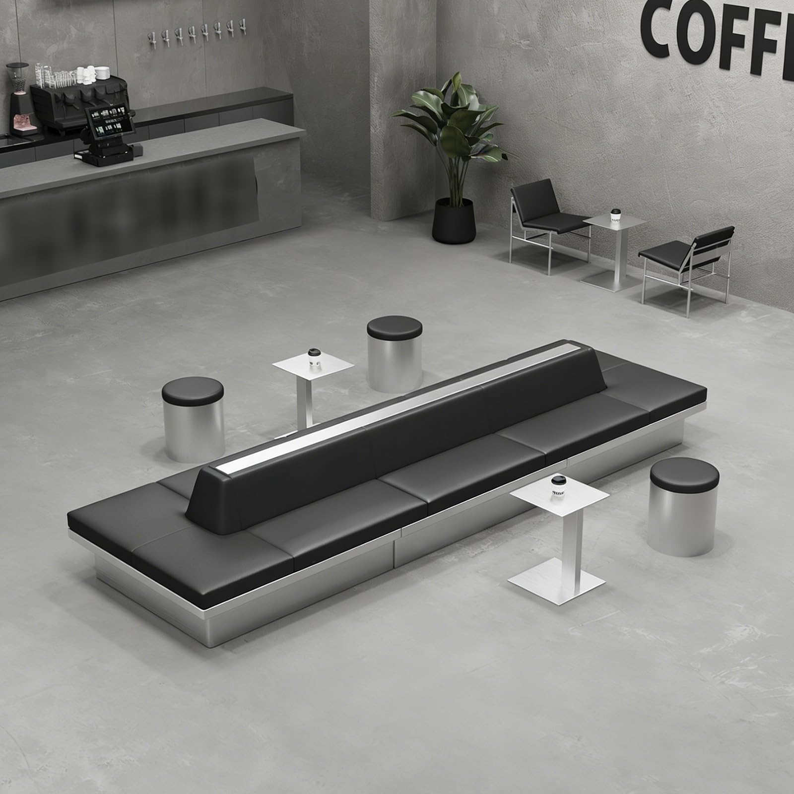 Sofá industrial de doble cara de acero inoxidable, moderno banco de piel sintética y mesa de metal para cafetería, recepción u oficina sala de espera