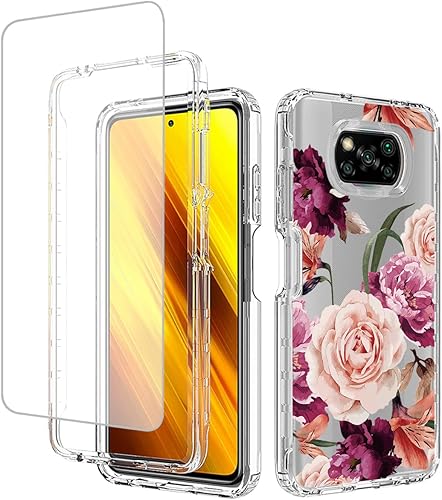 Funda para Poco X3 NFCPoco X3 ProPoco X3 con protector de pantalla de vidrio templado, lindo patrón floral transparente de cuerpo completo funda