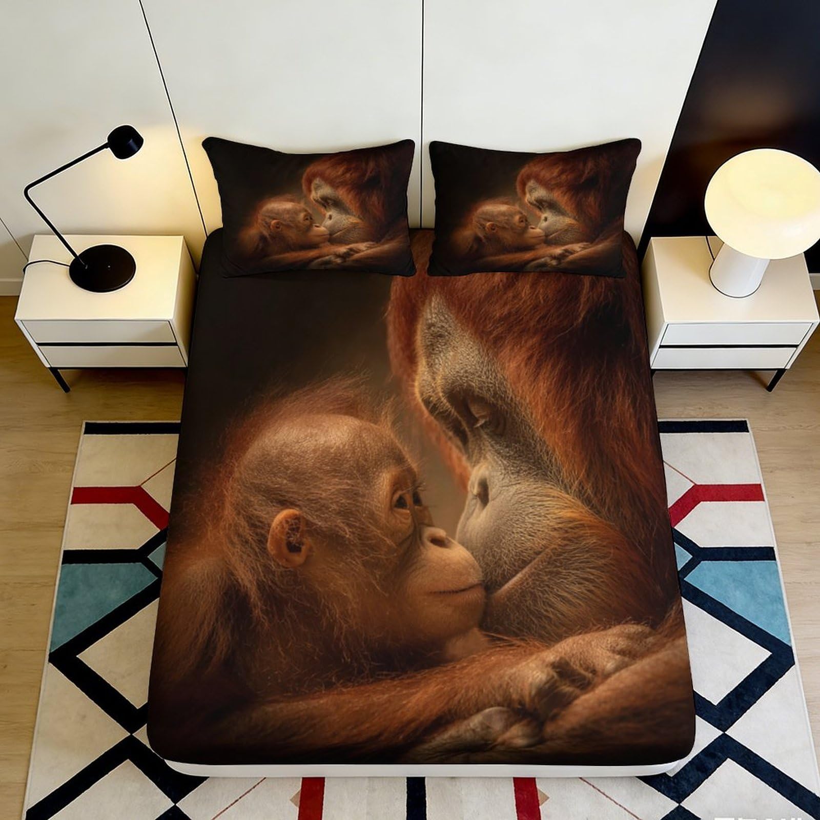 3D Printed Orangutan Family Fitted Sheet Microfiber Soft Durable Monkey Baby Bed Cover for Bedroom Dormitory Guest Room Mattress Protection Decor 160x200x25cm
