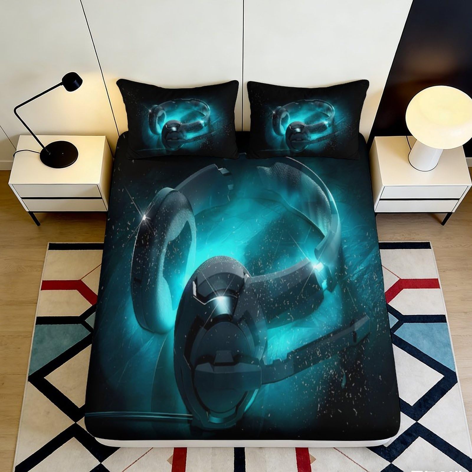 3D Printed Neon Headphones Fitted Sheet Microfiber Soft Durable Cyberpunk Bed Cover for Bedroom Dormitory Guest Room Mattress Protection 120x200x25cm