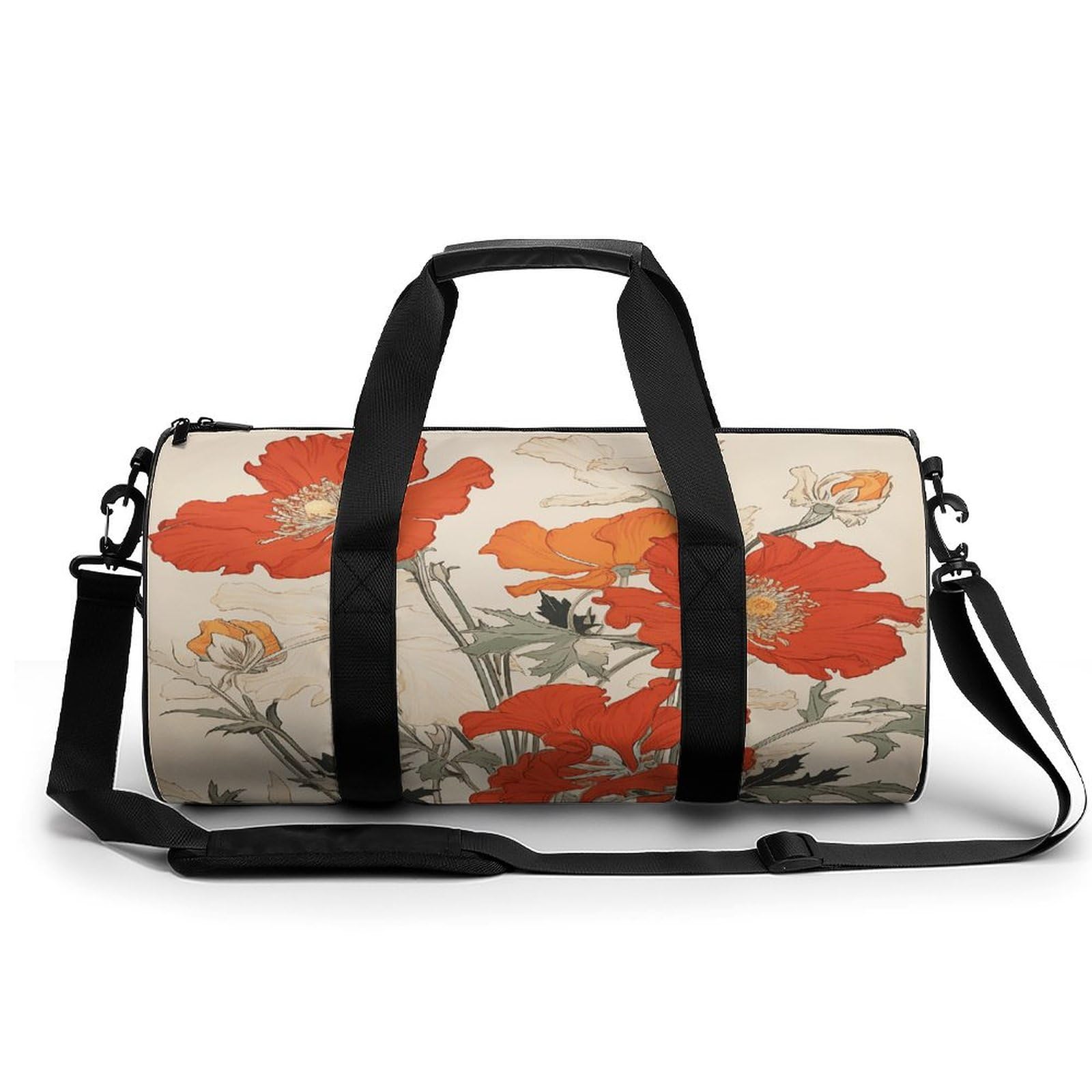 Sporttasche für Damen und Herren, zylindrisch, sitzend auf einem Ast, bedruckt, wasserdichte Schulterpartie, Leuchtend orangefarbene Blumen, 17.7in/9in/9in, Bedruckt