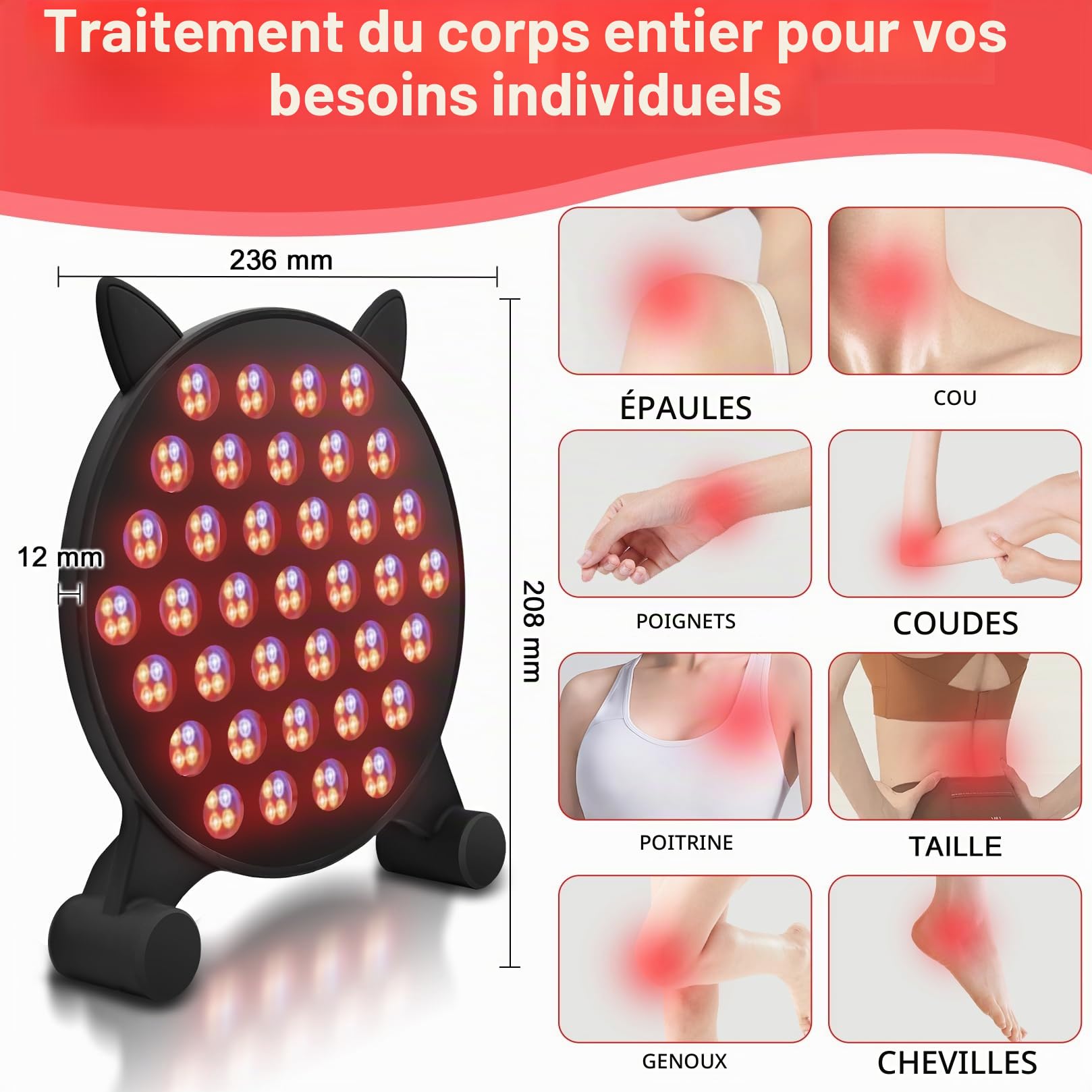 Lampe thérapeutique à lumière rouge,5 couleurs, Thérapie par lumière infrarouge 185 LED de la Récupération du Visage, du cou, du Corps,des Muscles et du dos-Traitement efficace et relaxation